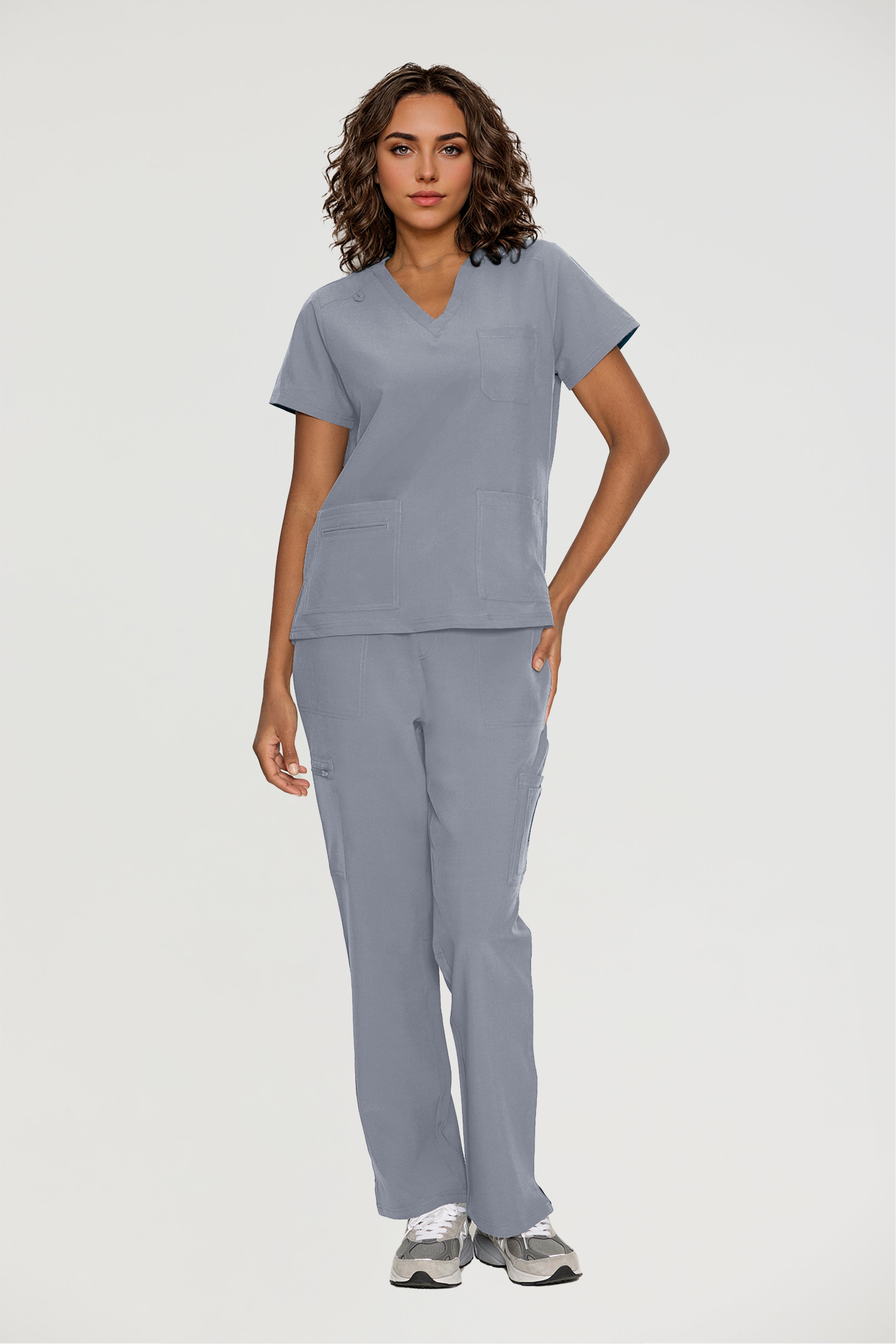 Scrubs for Women, V-Neck Scrubs Top & Cargo Pants with 12 Pockets, Yoga Waistband, 4 Way Stretch