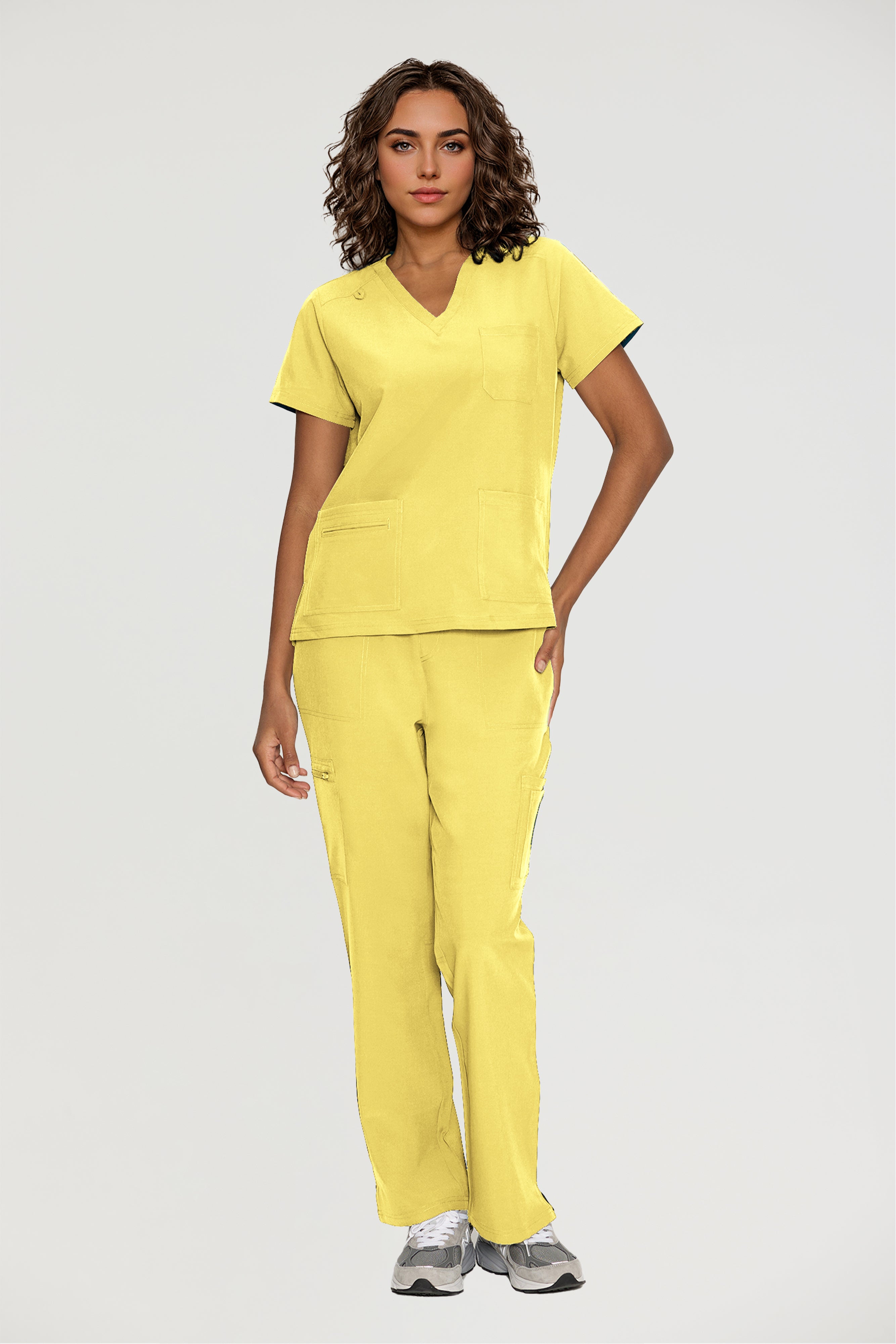 Scrubs for Women, V-Neck Scrubs Top & Cargo Pants with 12 Pockets, Yoga Waistband, 4 Way Stretch