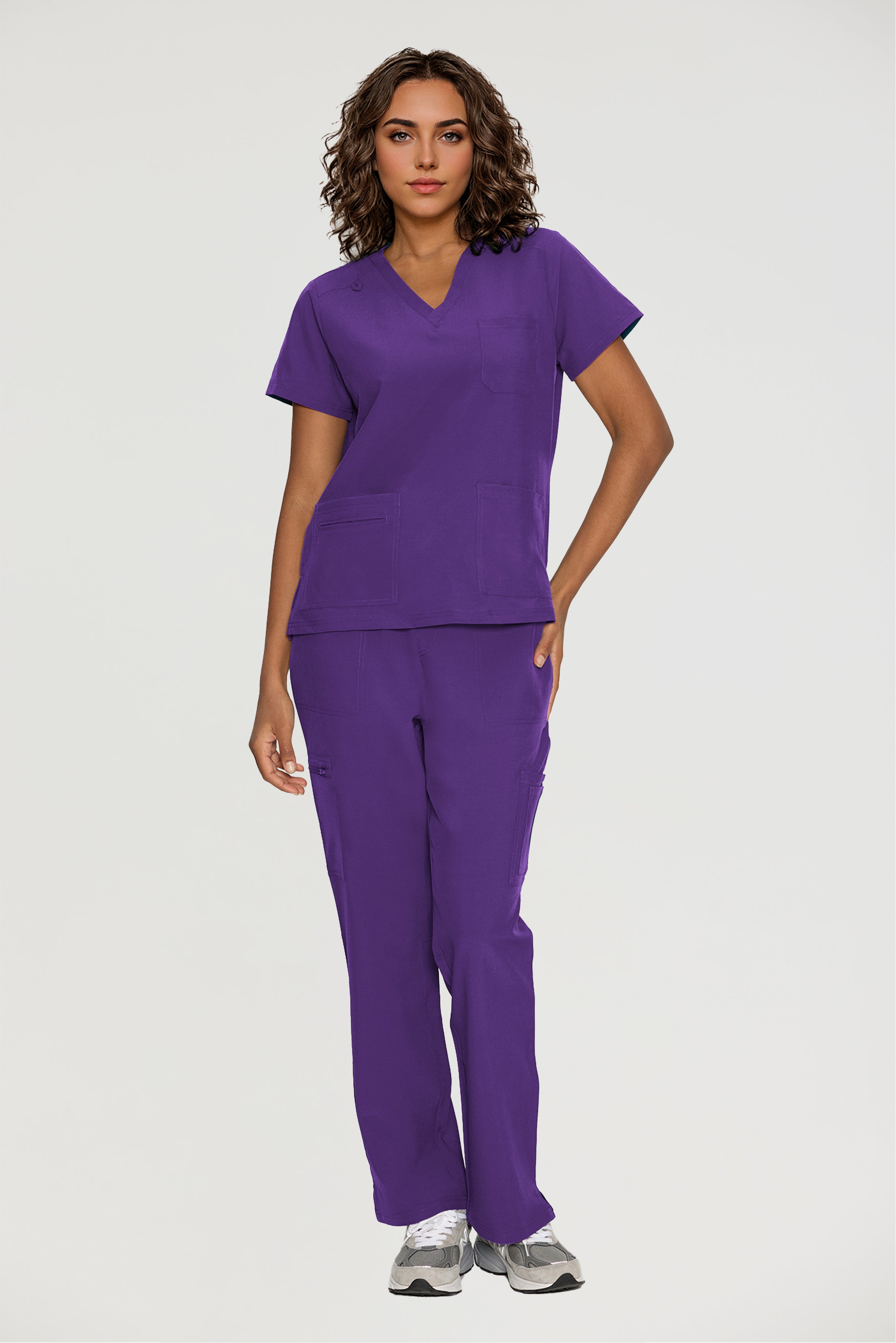 Scrubs for Women, V-Neck Scrubs Top & Cargo Pants with 12 Pockets, Yoga Waistband, 4 Way Stretch