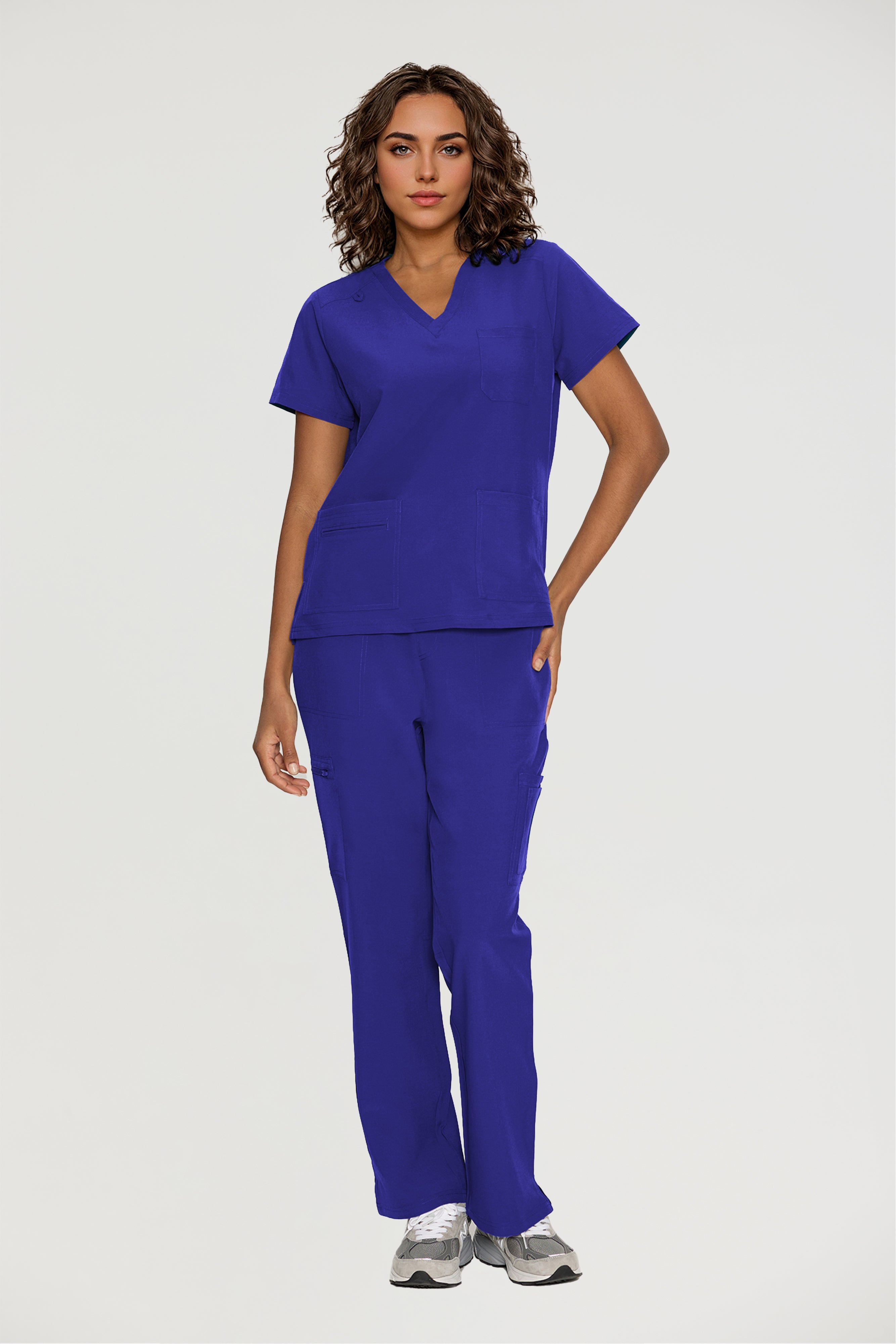 Scrubs for Women, V-Neck Scrubs Top & Cargo Pants with 12 Pockets, Yoga Waistband, 4 Way Stretch