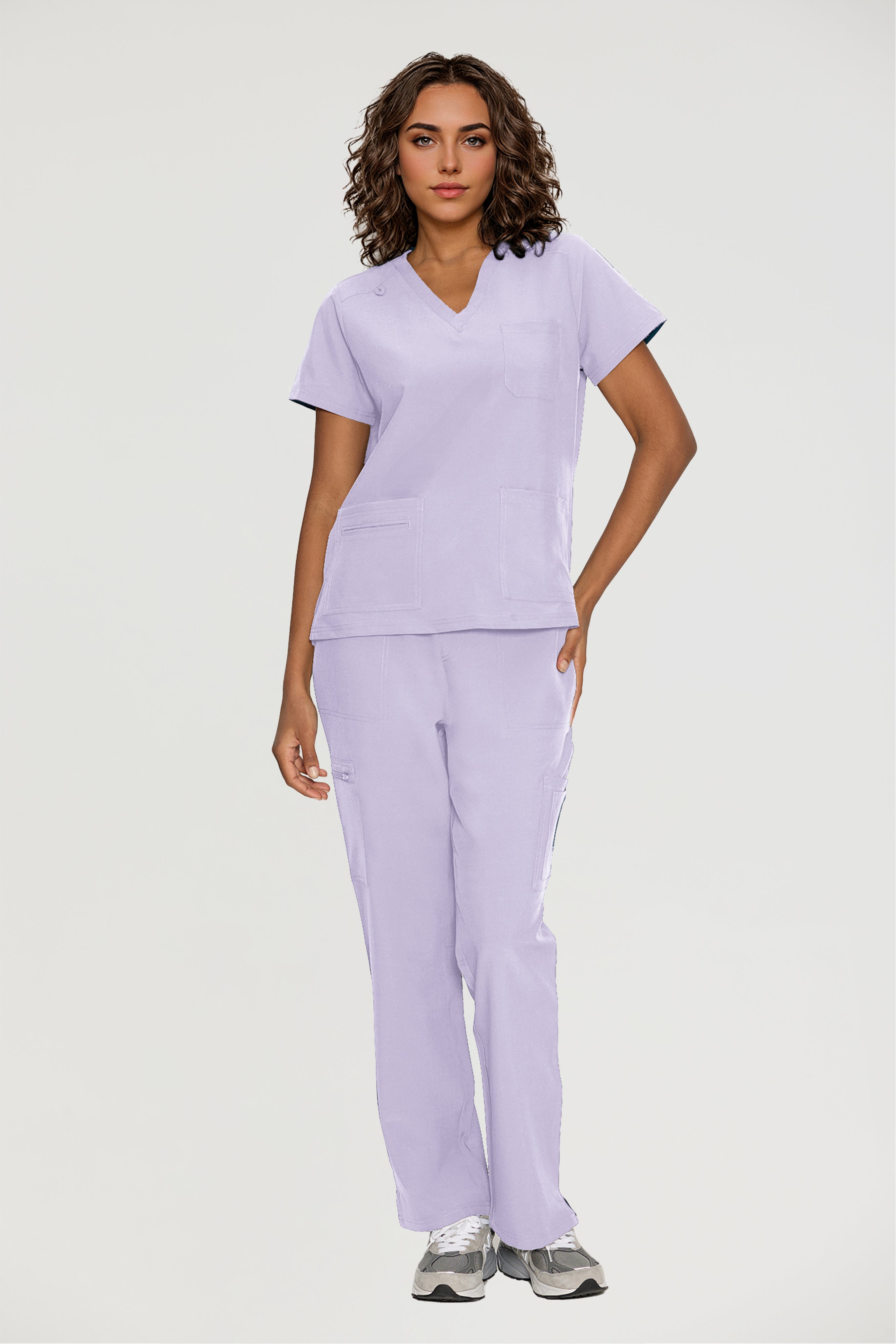 Scrubs for Women, V-Neck Scrubs Top & Cargo Pants with 12 Pockets, Yoga Waistband, 4 Way Stretch