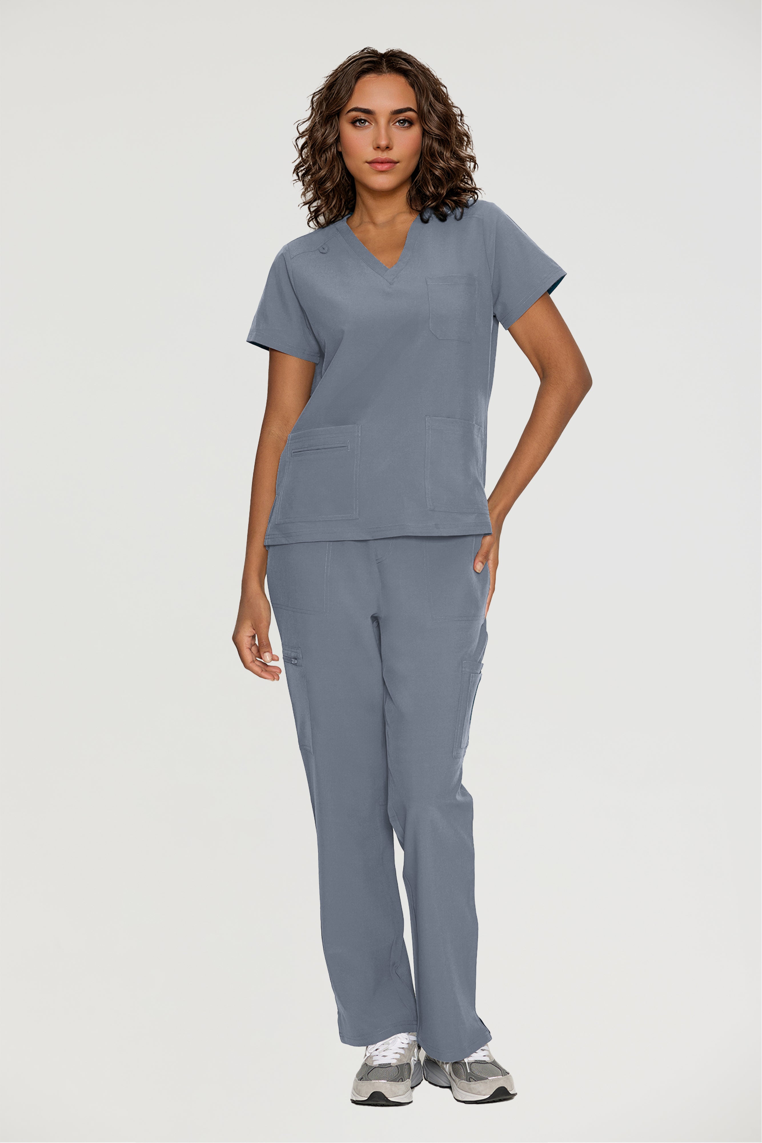 Scrubs for Women, V-Neck Scrubs Top & Cargo Pants with 12 Pockets, Yoga Waistband, 4 Way Stretch