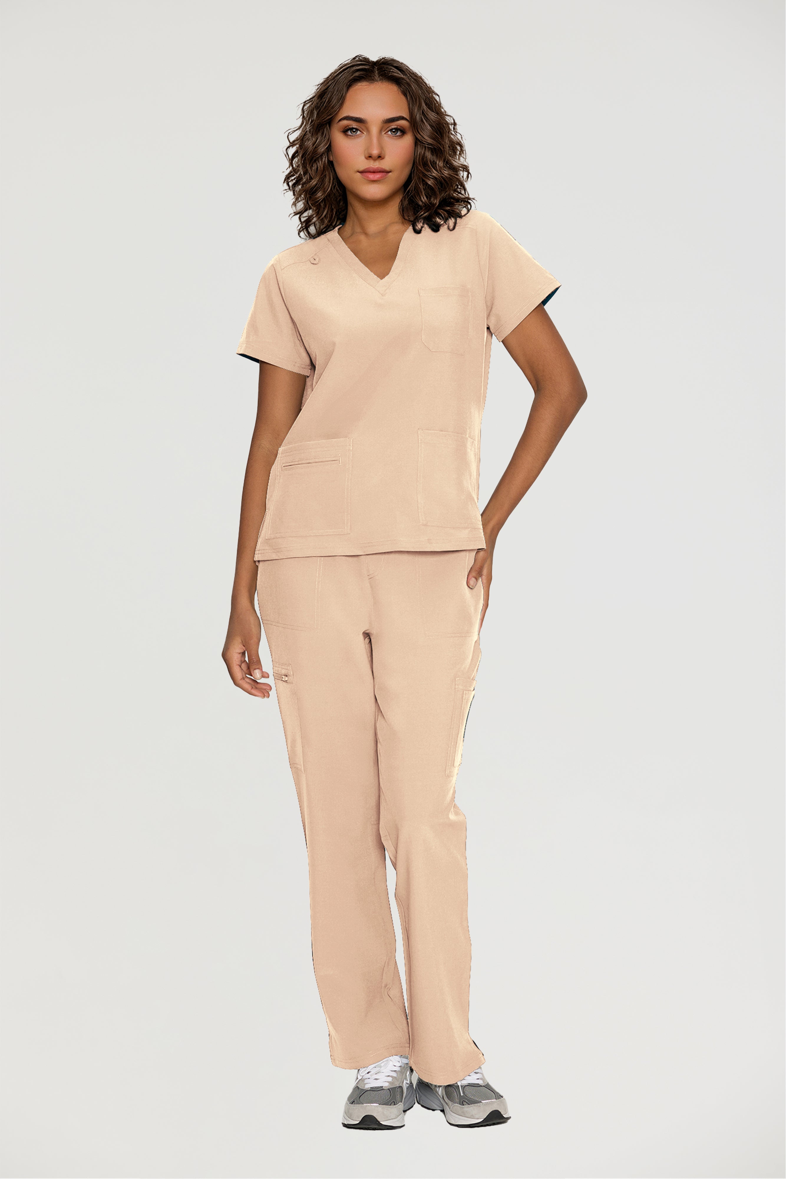 Scrubs for Women, V-Neck Scrubs Top & Cargo Pants with 12 Pockets, Yoga Waistband, 4 Way Stretch