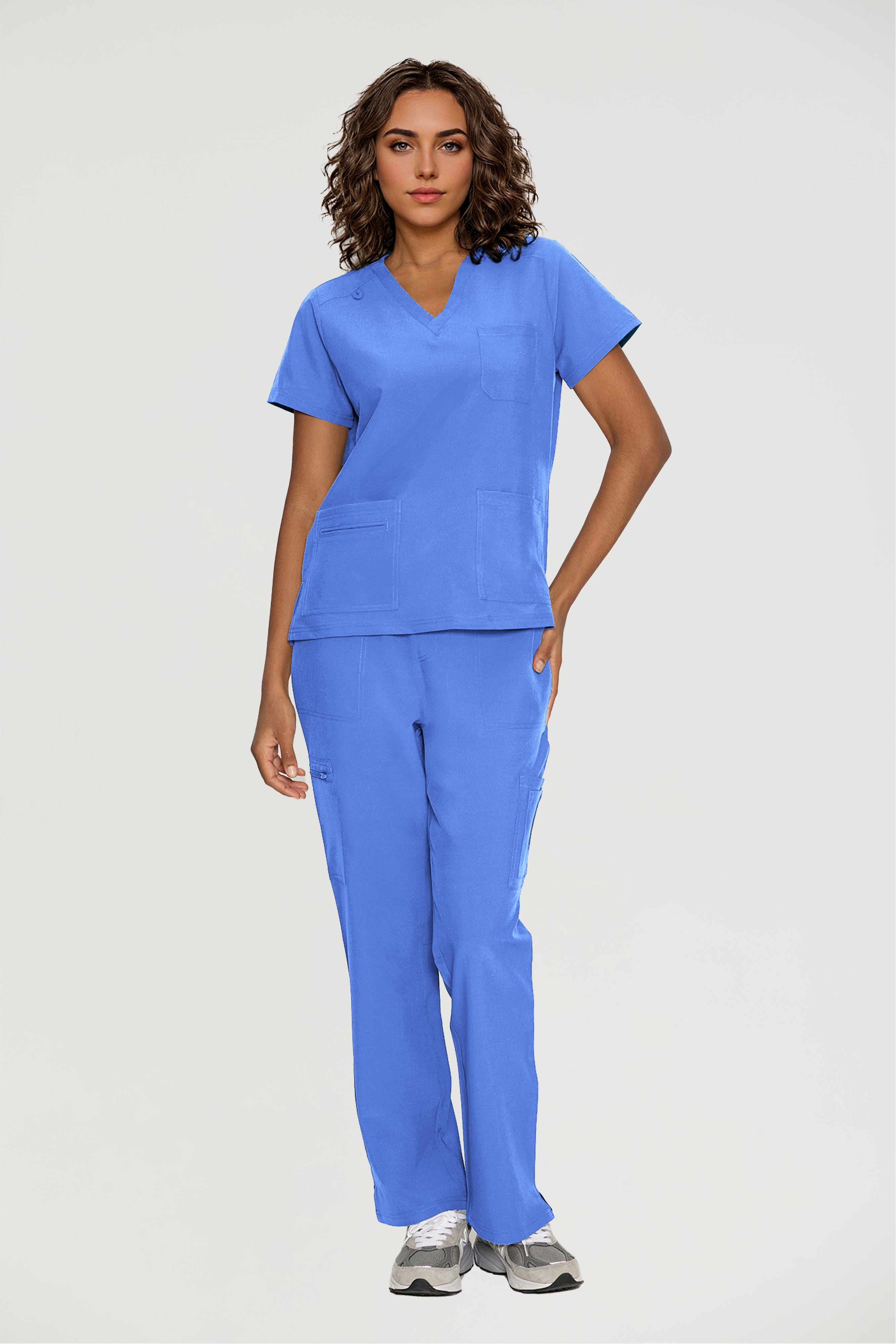 Scrubs for Women, V-Neck Scrubs Top & Cargo Pants with 12 Pockets, Yoga Waistband, 4 Way Stretch