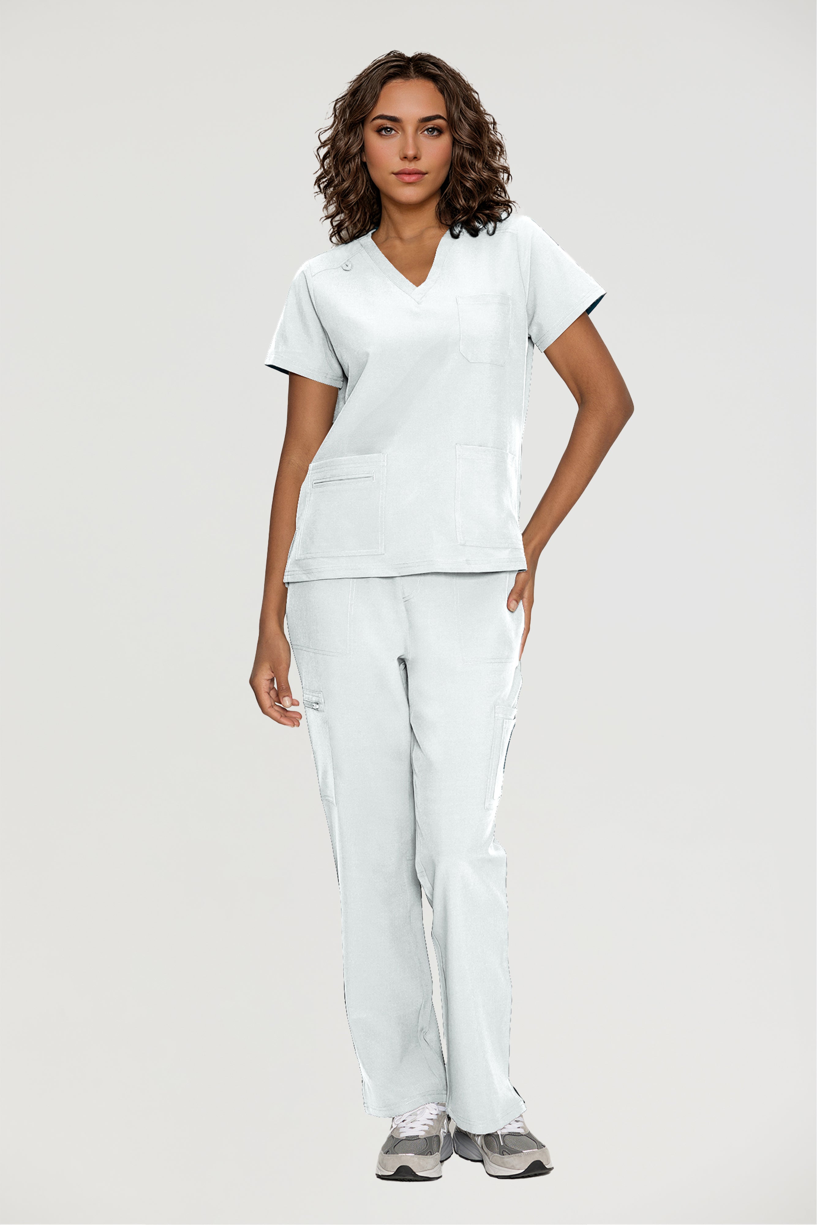Scrubs for Women, V-Neck Scrubs Top & Cargo Pants with 12 Pockets, Yoga Waistband, 4 Way Stretch