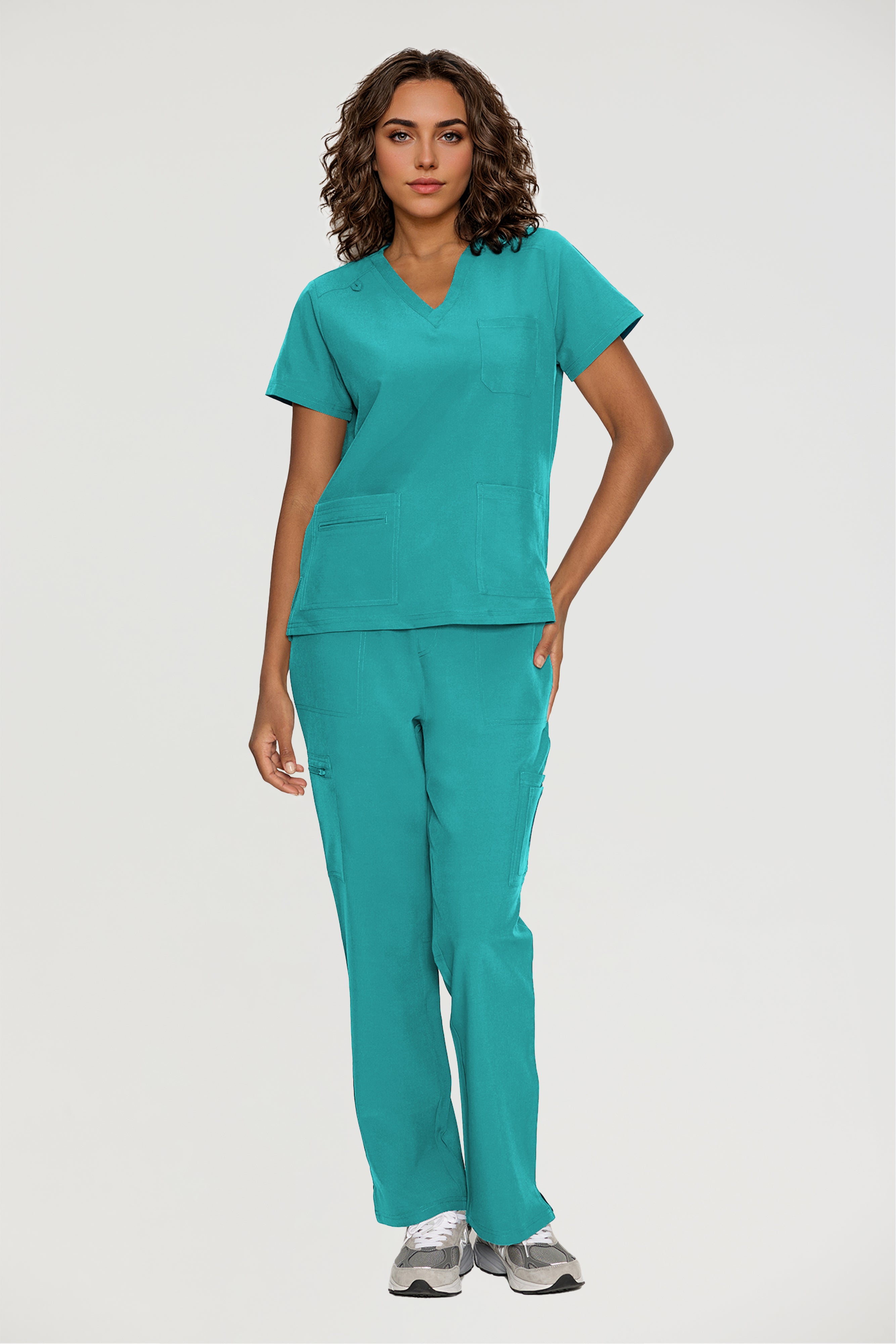 Scrubs for Women, V-Neck Scrubs Top & Cargo Pants with 12 Pockets, Yoga Waistband, 4 Way Stretch