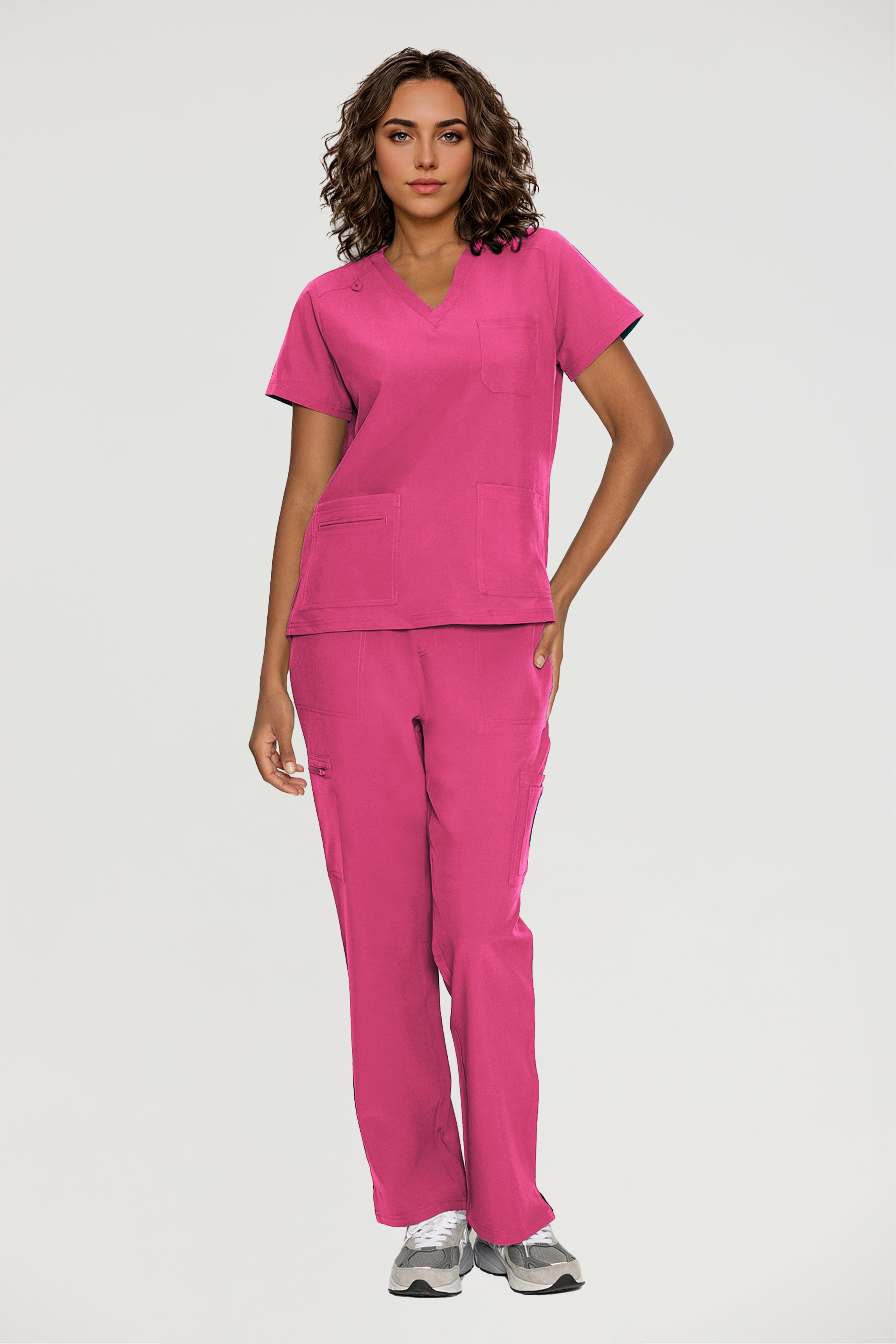 Scrubs for Women, V-Neck Scrubs Top & Cargo Pants with 12 Pockets, Yoga Waistband, 4 Way Stretch