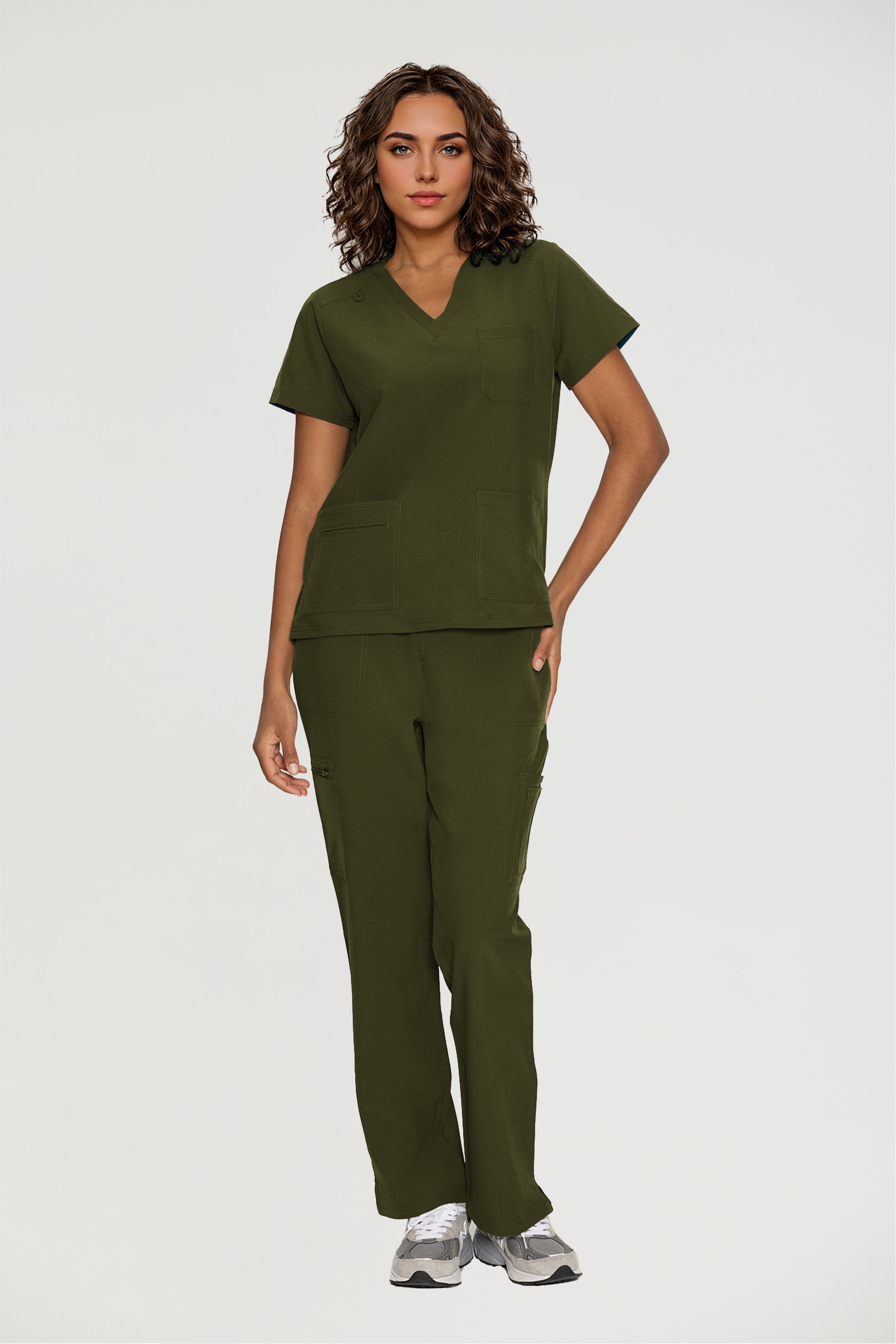 Scrubs for Women, V-Neck Scrubs Top & Cargo Pants with 12 Pockets, Yoga Waistband, 4 Way Stretch