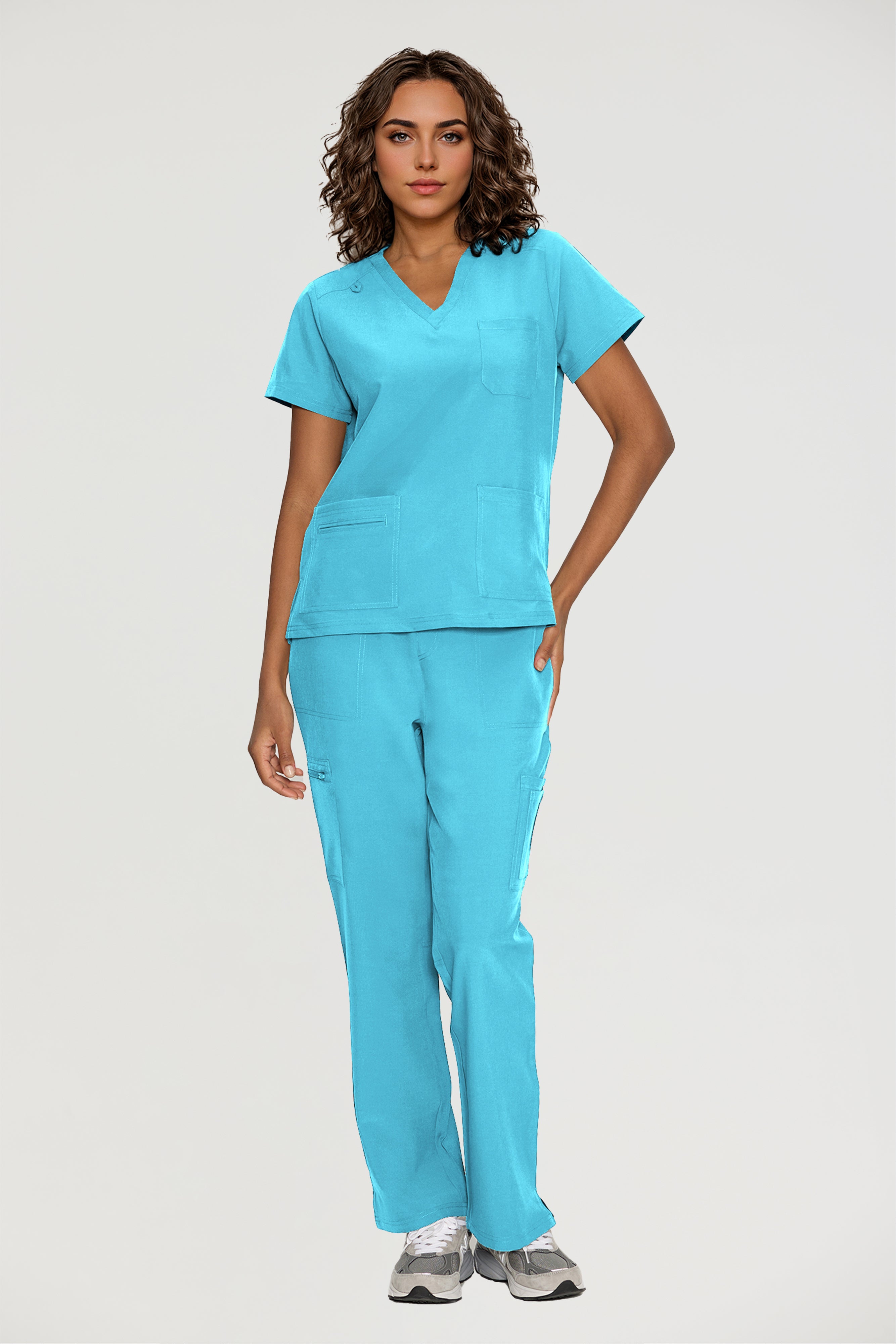 Scrubs for Women, V-Neck Scrubs Top & Cargo Pants with 12 Pockets, Yoga Waistband, 4 Way Stretch