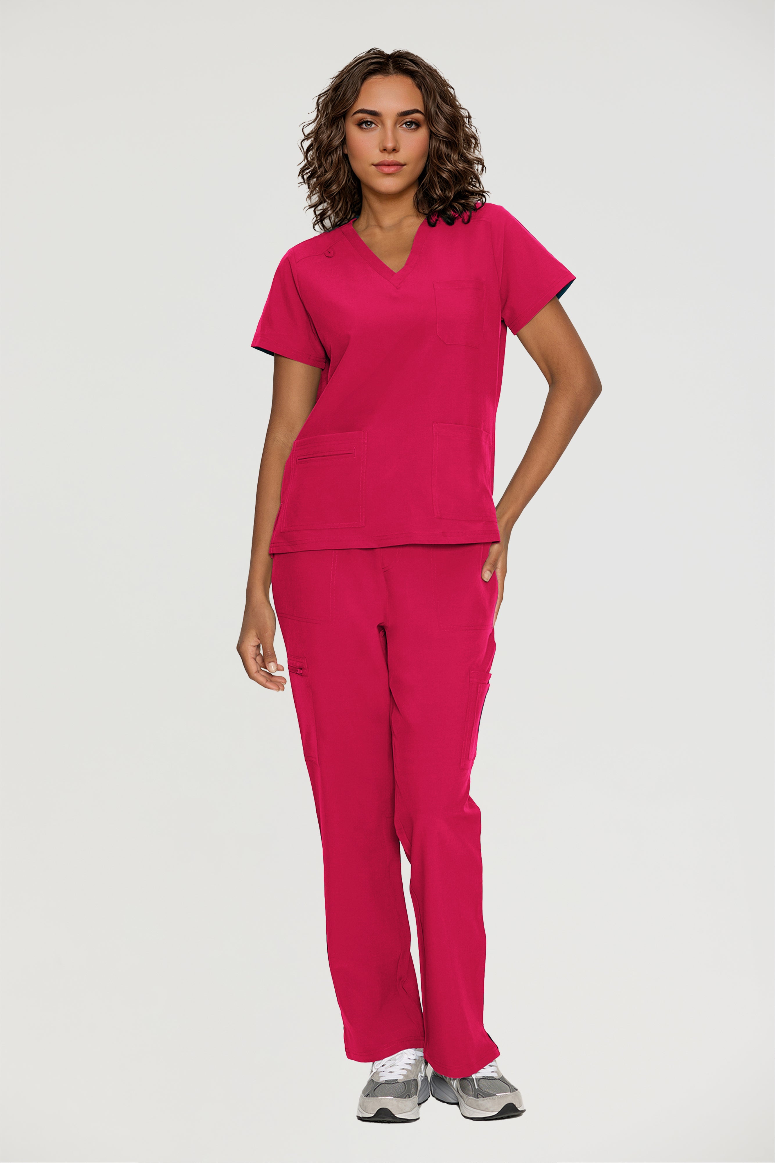 Scrubs for Women, V-Neck Scrubs Top & Cargo Pants with 12 Pockets, Yoga Waistband, 4 Way Stretch