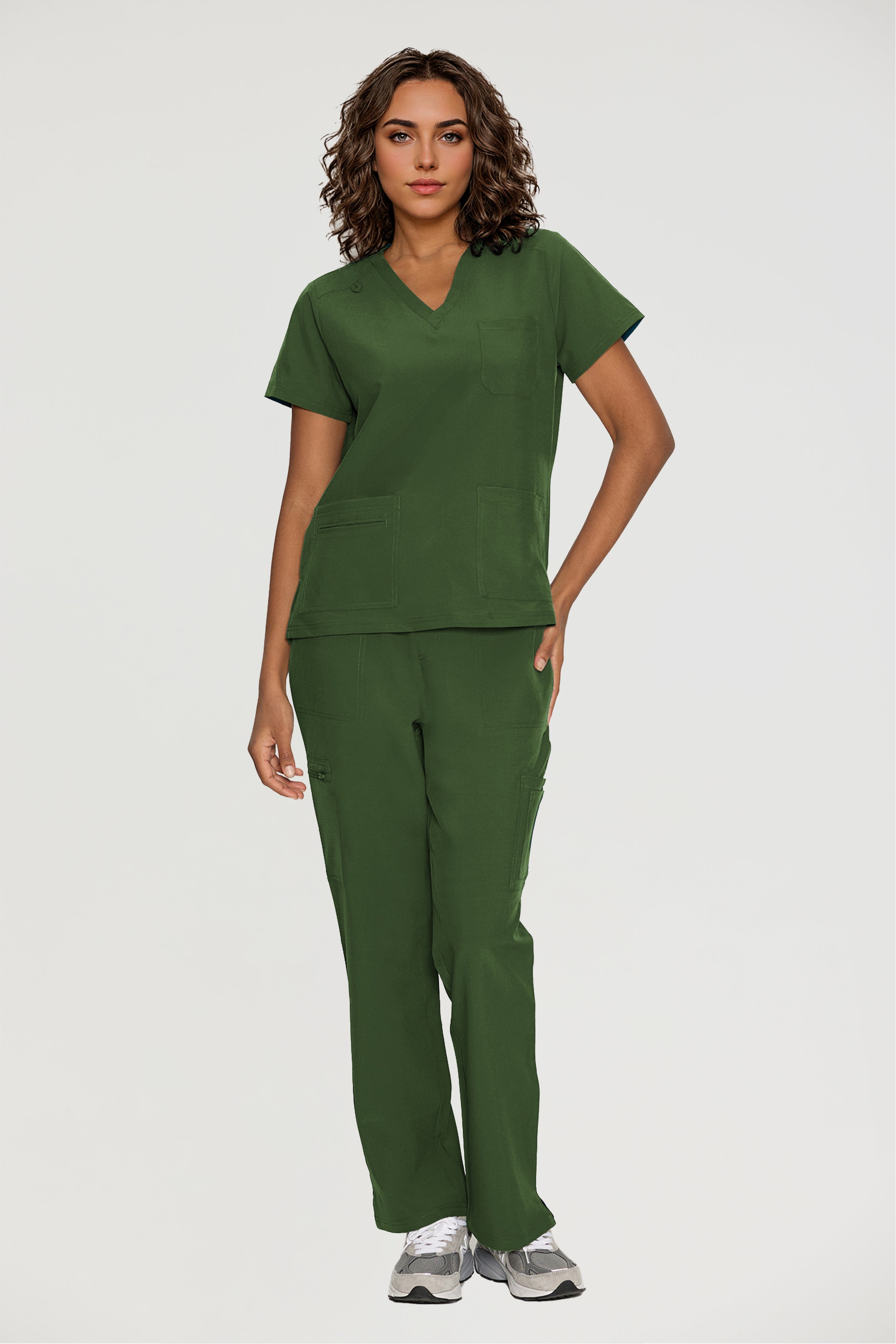 Scrubs for Women, V-Neck Scrubs Top & Cargo Pants with 12 Pockets, Yoga Waistband, 4 Way Stretch