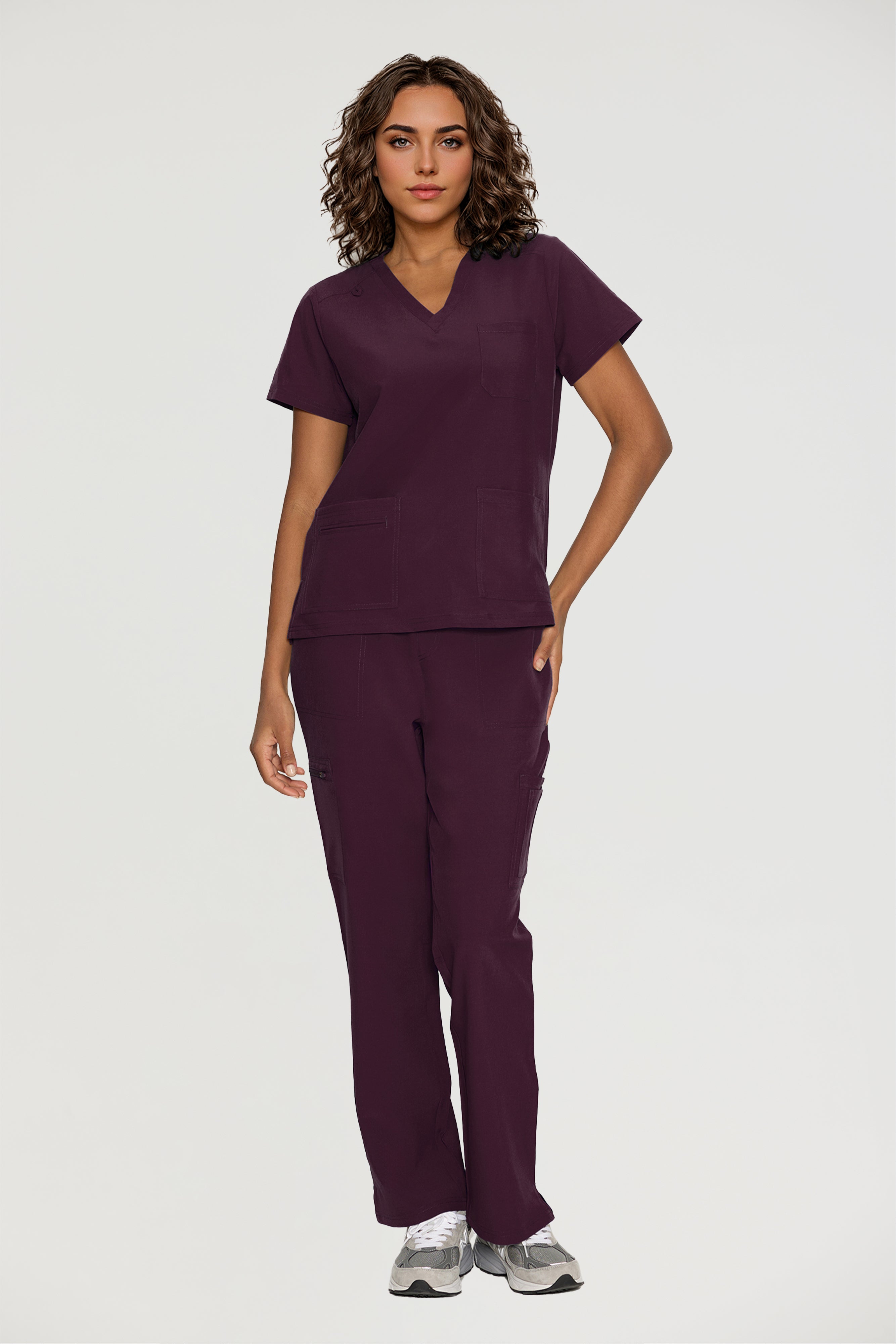 Scrubs for Women, V-Neck Scrubs Top & Cargo Pants with 12 Pockets, Yoga Waistband, 4 Way Stretch