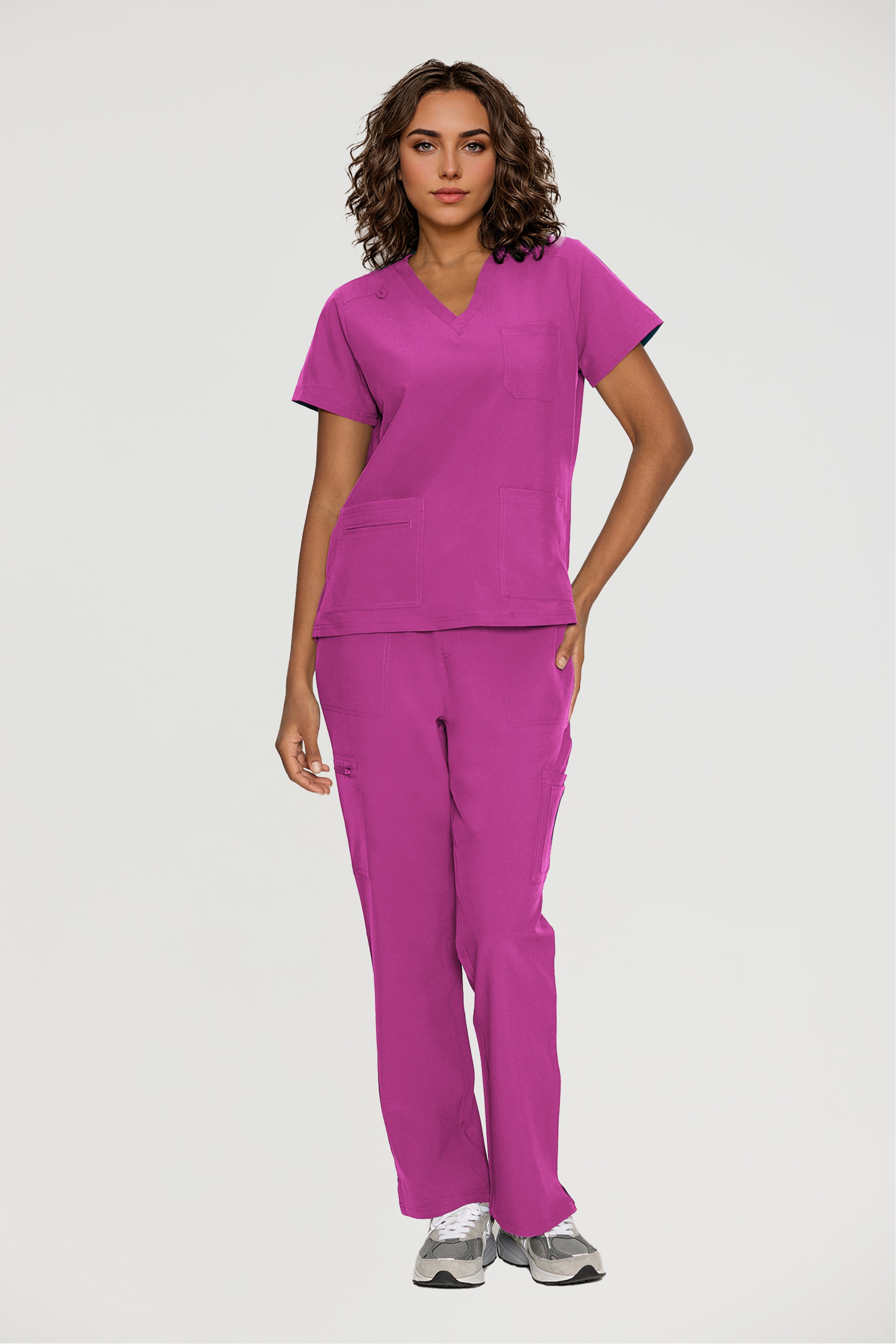 Scrubs for Women, V-Neck Scrubs Top & Cargo Pants with 12 Pockets, Yoga Waistband, 4 Way Stretch