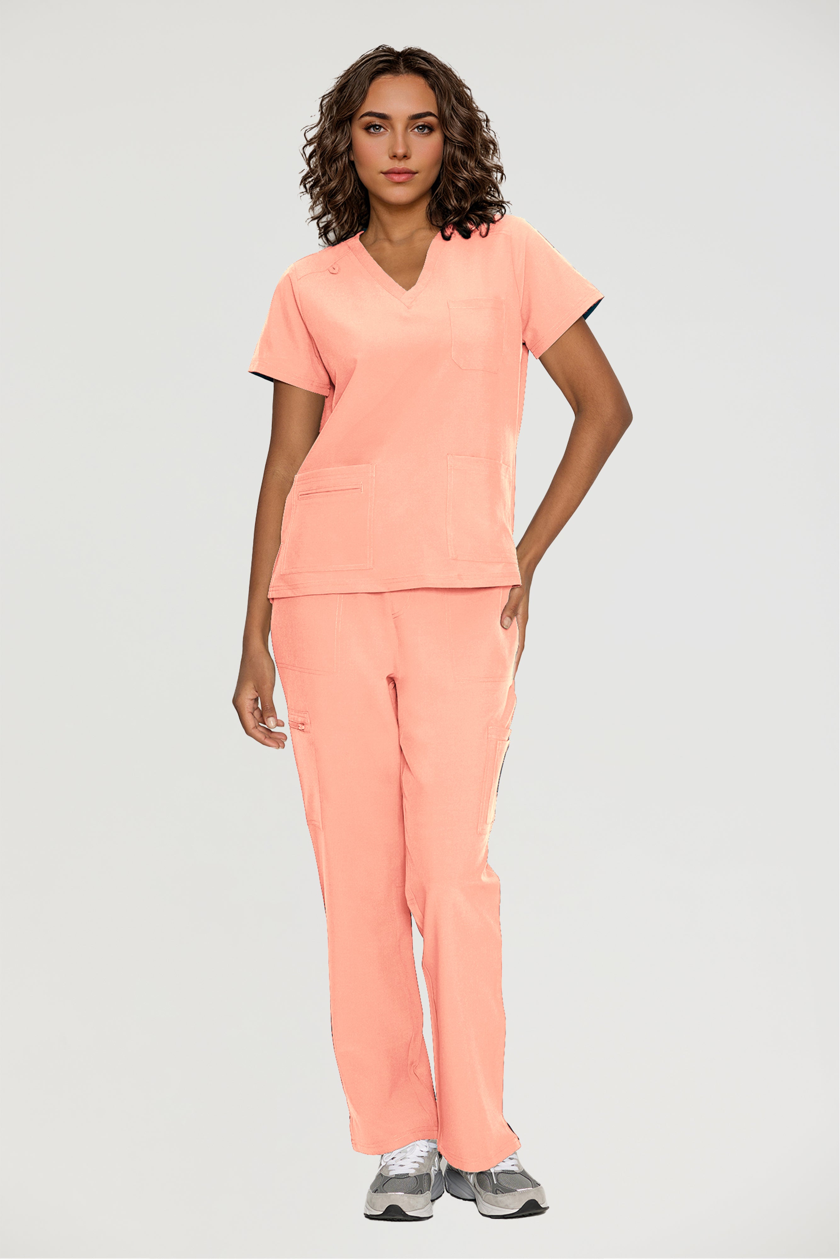 Scrubs for Women, V-Neck Scrubs Top & Cargo Pants with 12 Pockets, Yoga Waistband, 4 Way Stretch