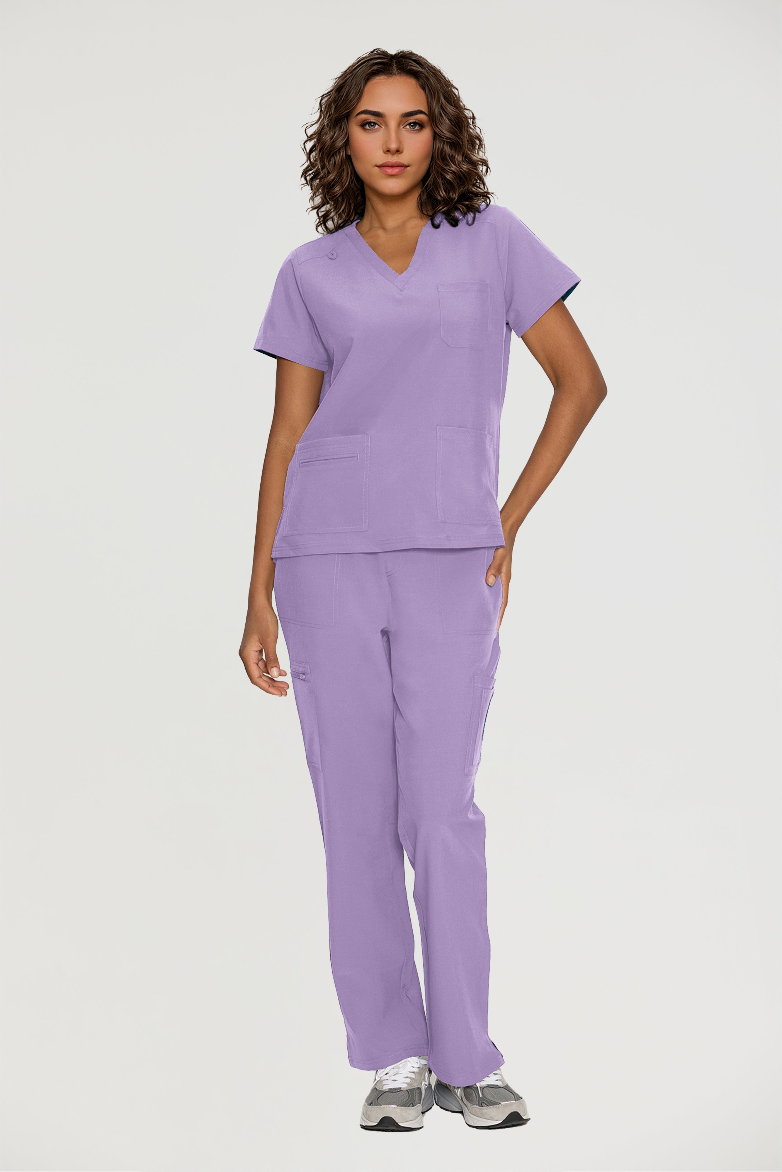 Scrubs for Women, V-Neck Scrubs Top & Cargo Pants with 12 Pockets, Yoga Waistband, 4 Way Stretch