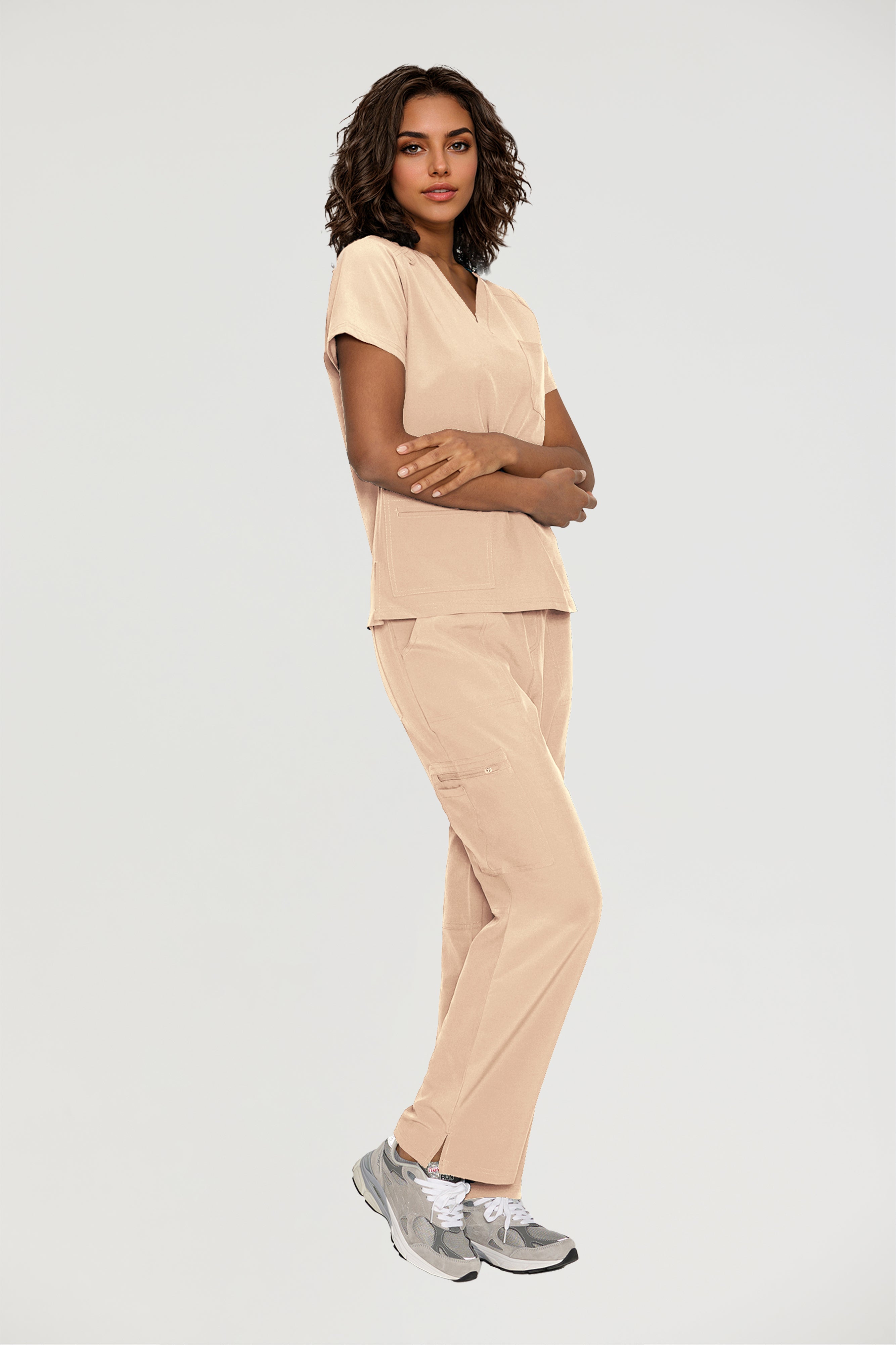 Scrubs for Women, V-Neck Scrubs Top & Cargo Pants with 12 Pockets, Yoga Waistband, 4 Way Stretch