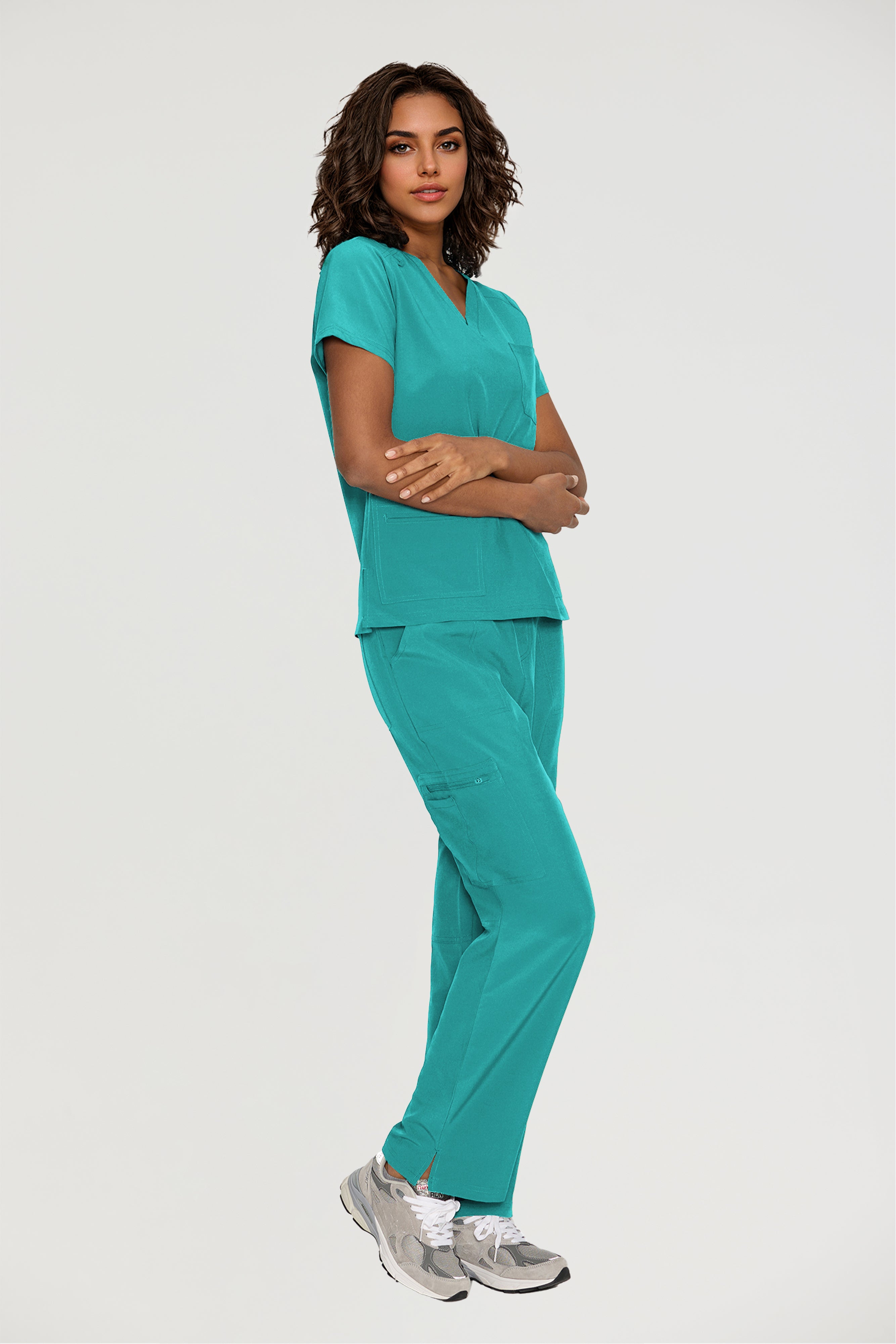 Scrubs for Women, V-Neck Scrubs Top & Cargo Pants with 12 Pockets, Yoga Waistband, 4 Way Stretch