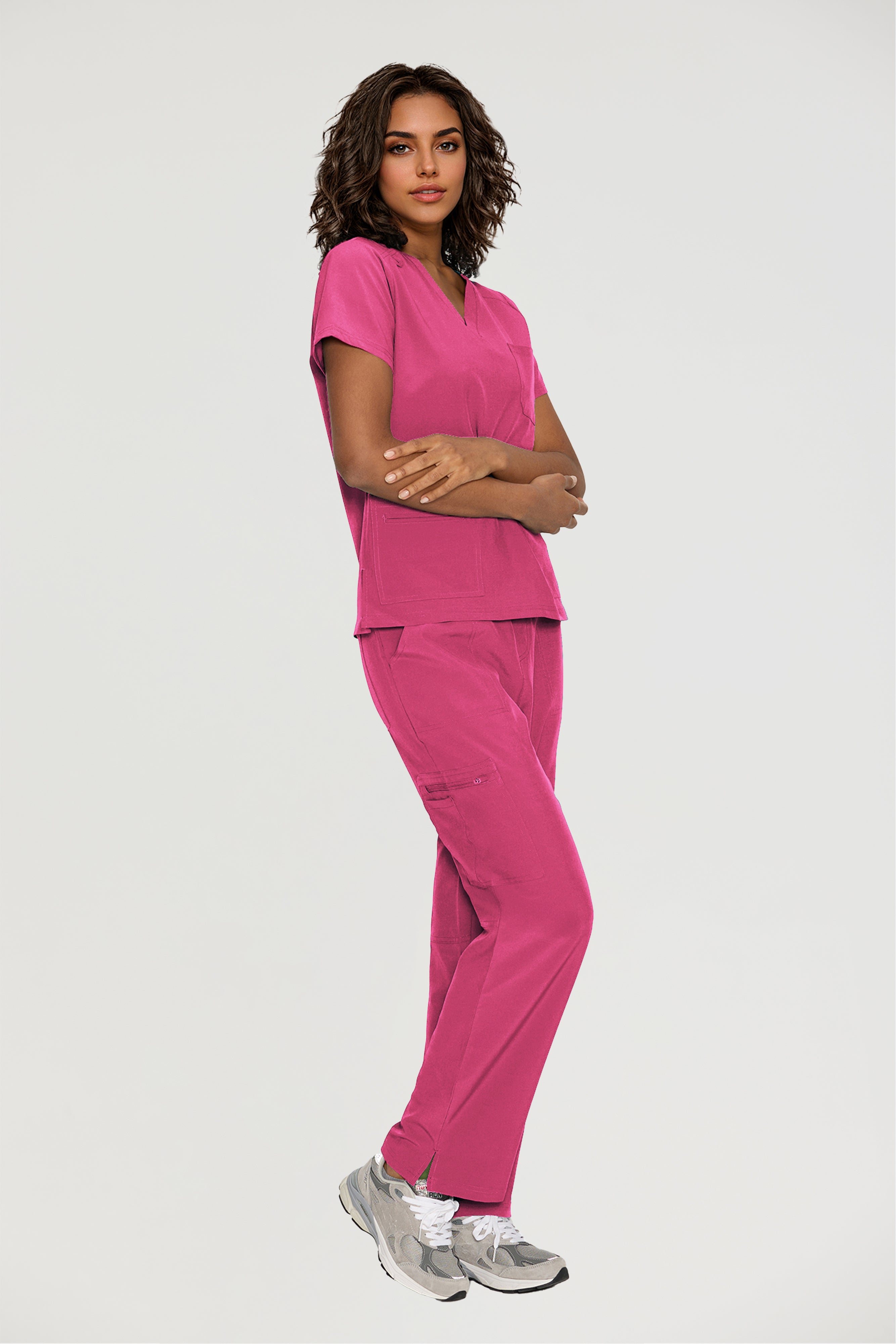 Scrubs for Women, V-Neck Scrubs Top & Cargo Pants with 12 Pockets, Yoga Waistband, 4 Way Stretch