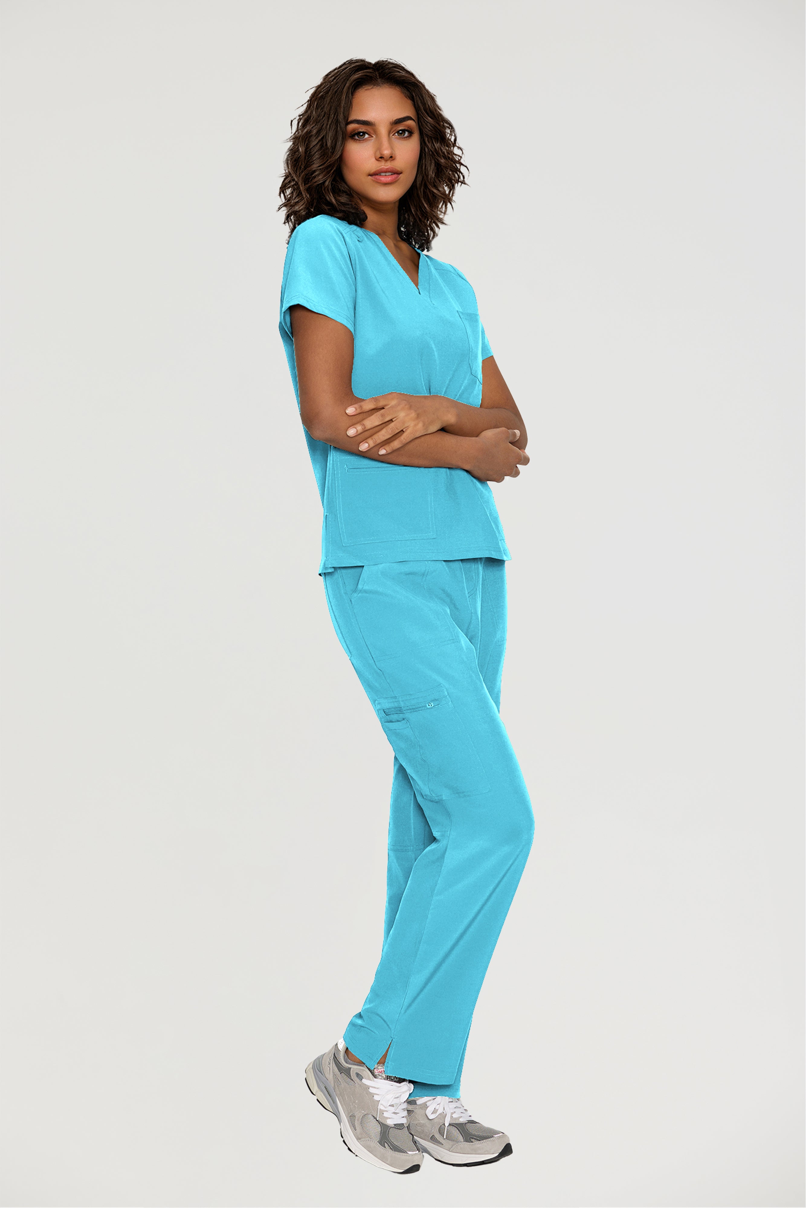 Scrubs for Women, V-Neck Scrubs Top & Cargo Pants with 12 Pockets, Yoga Waistband, 4 Way Stretch