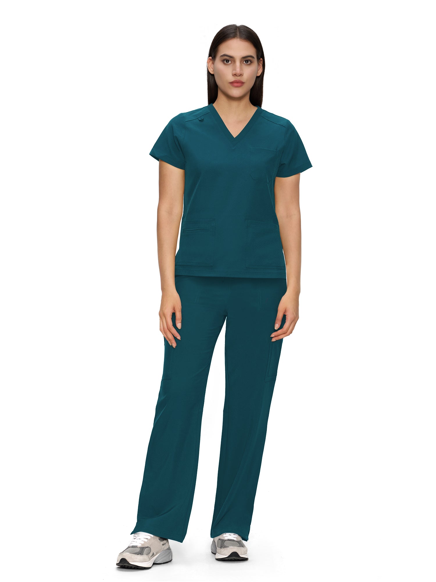 Scrubs for Women, V-Neck Scrubs Top & Cargo Pants with 12 Pockets, Yoga Waistband, 4 Way Stretch