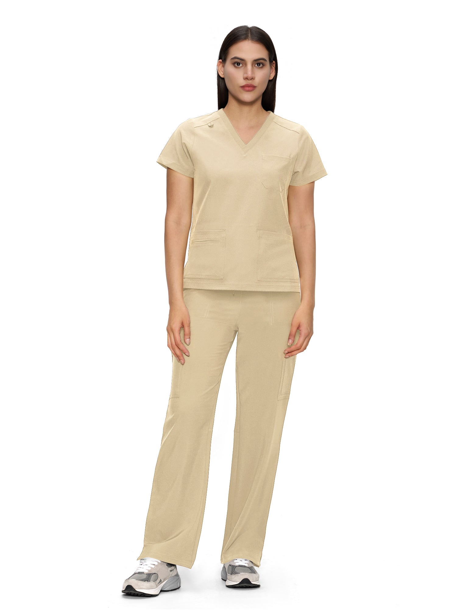 Scrubs for Women, V-Neck Scrubs Top & Cargo Pants with 12 Pockets, Yoga Waistband, 4 Way Stretch
