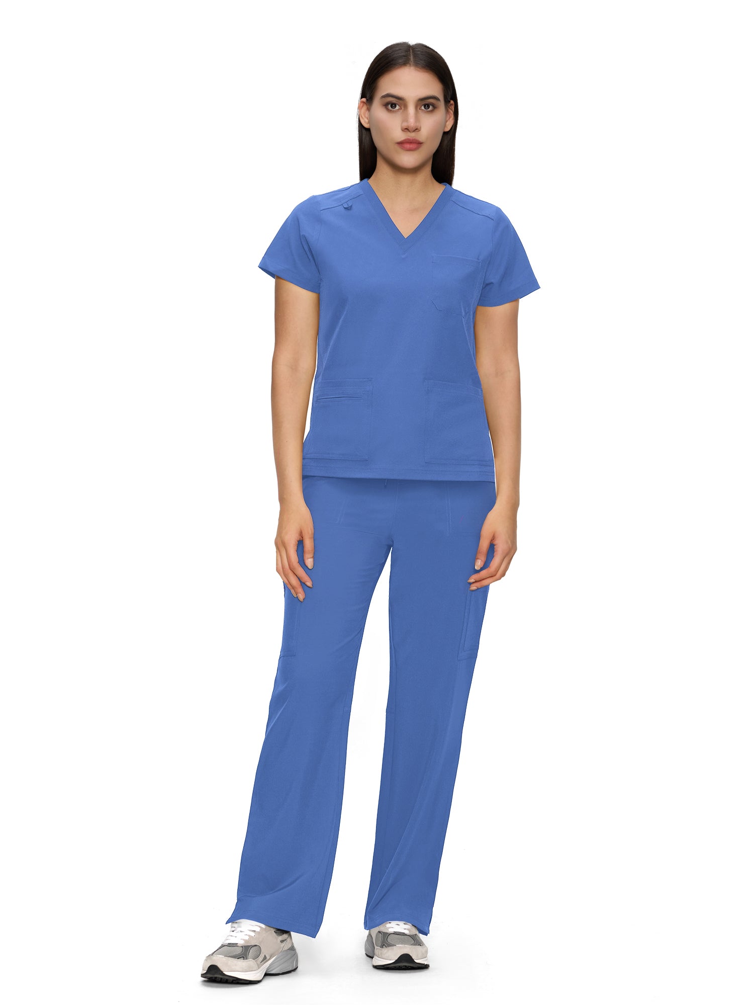 Scrubs for Women, V-Neck Scrubs Top & Cargo Pants with 12 Pockets, Yoga Waistband, 4 Way Stretch