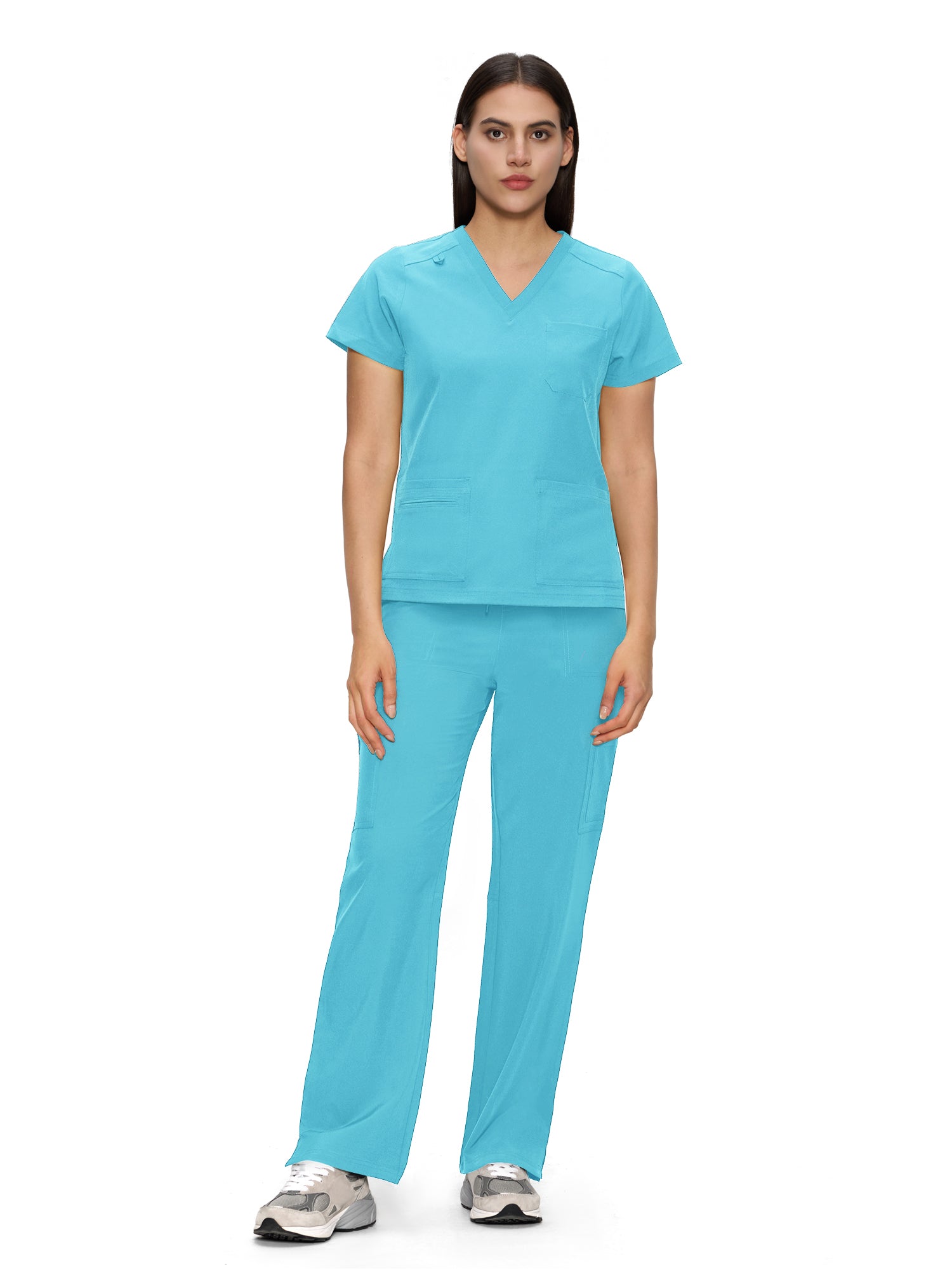 Scrubs for Women, V-Neck Scrubs Top & Cargo Pants with 12 Pockets, Yoga Waistband, 4 Way Stretch