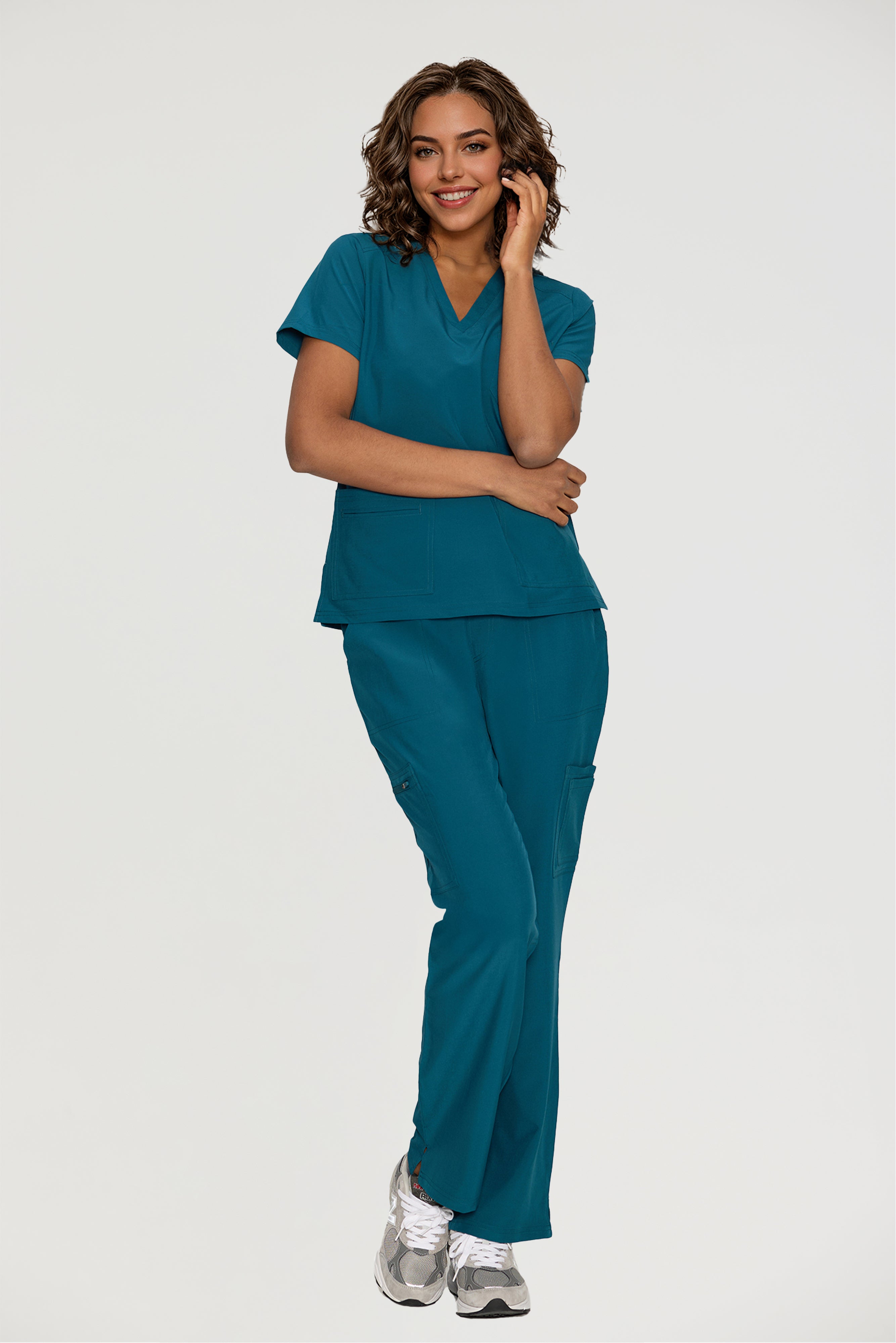 Scrubs for Women, V-Neck Scrubs Top & Cargo Pants with 12 Pockets, Yoga Waistband, 4 Way Stretch