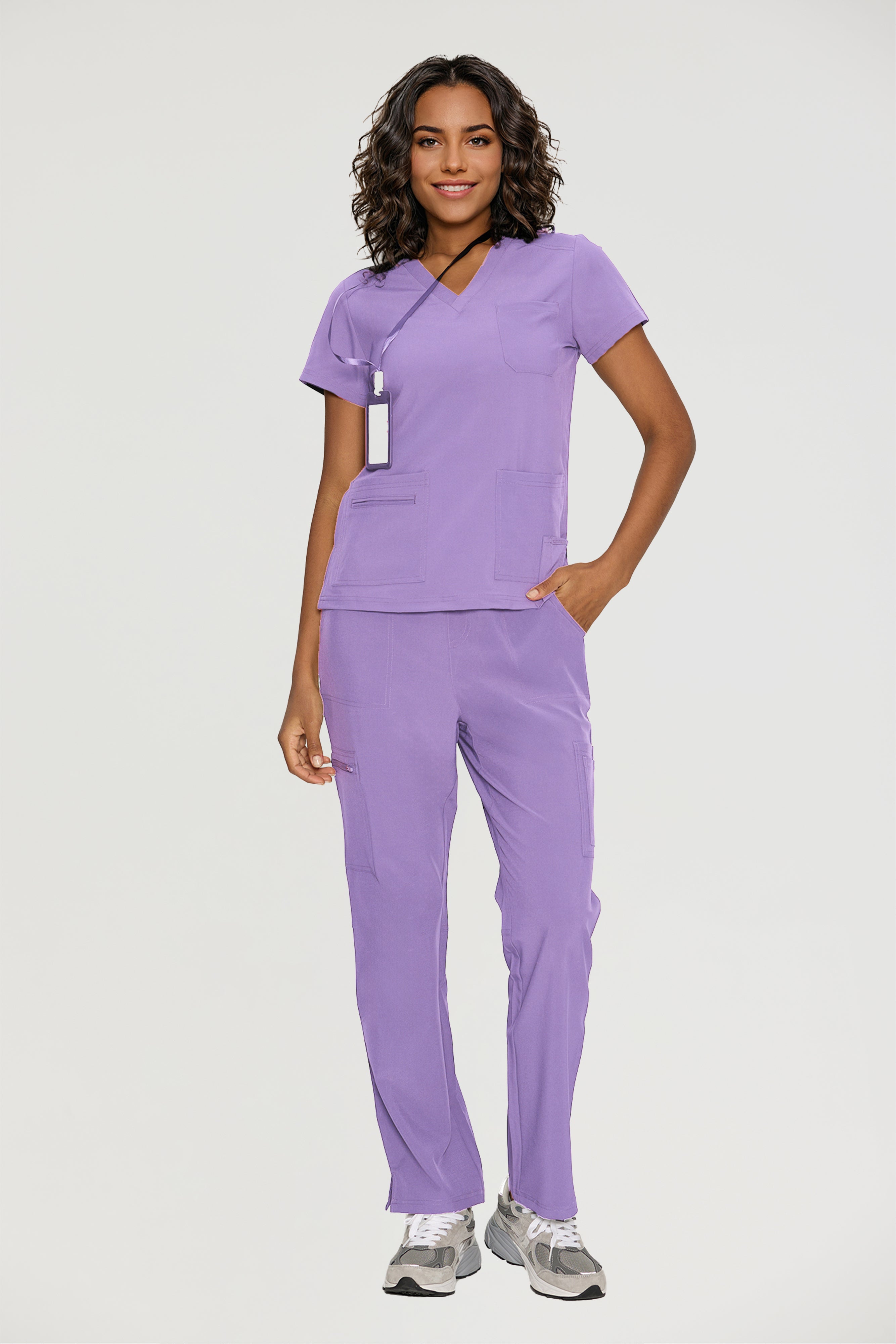 Scrubs for Women, V-Neck Scrubs Top & Cargo Pants with 12 Pockets, Yoga Waistband, 4 Way Stretch