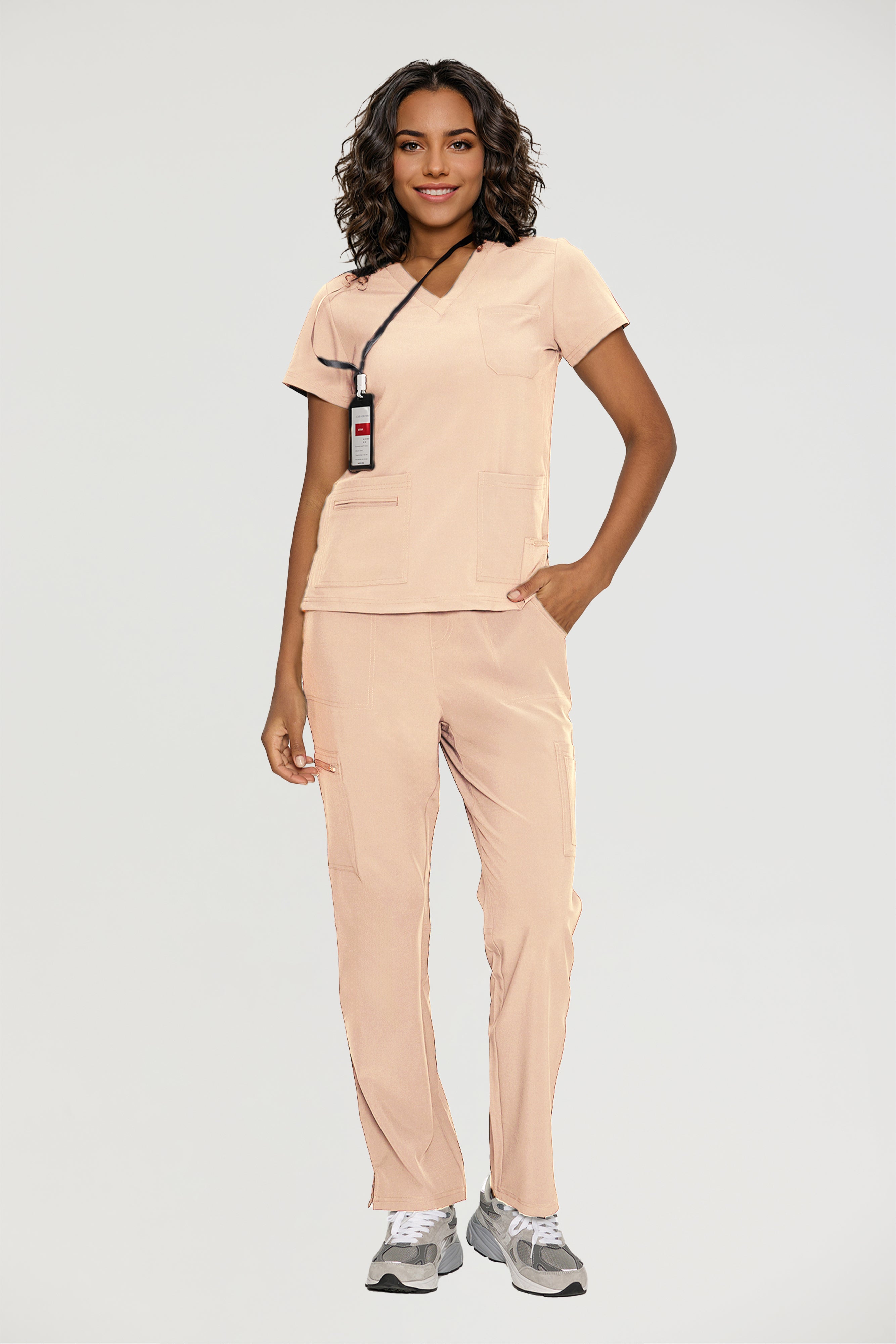 Scrubs for Women, V-Neck Scrubs Top & Cargo Pants with 12 Pockets, Yoga Waistband, 4 Way Stretch