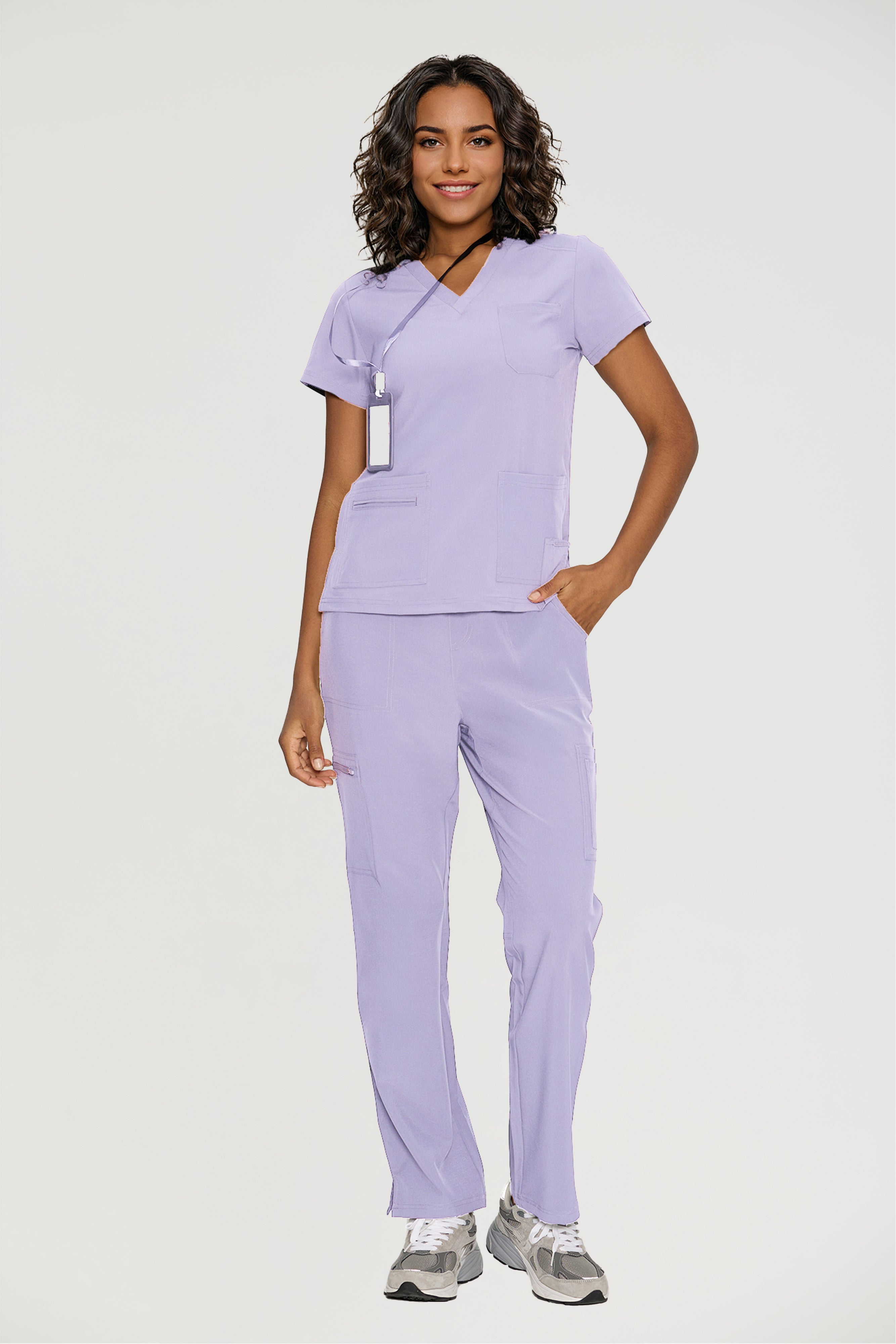 Scrubs for Women, V-Neck Scrubs Top & Cargo Pants with 12 Pockets, Yoga Waistband, 4 Way Stretch