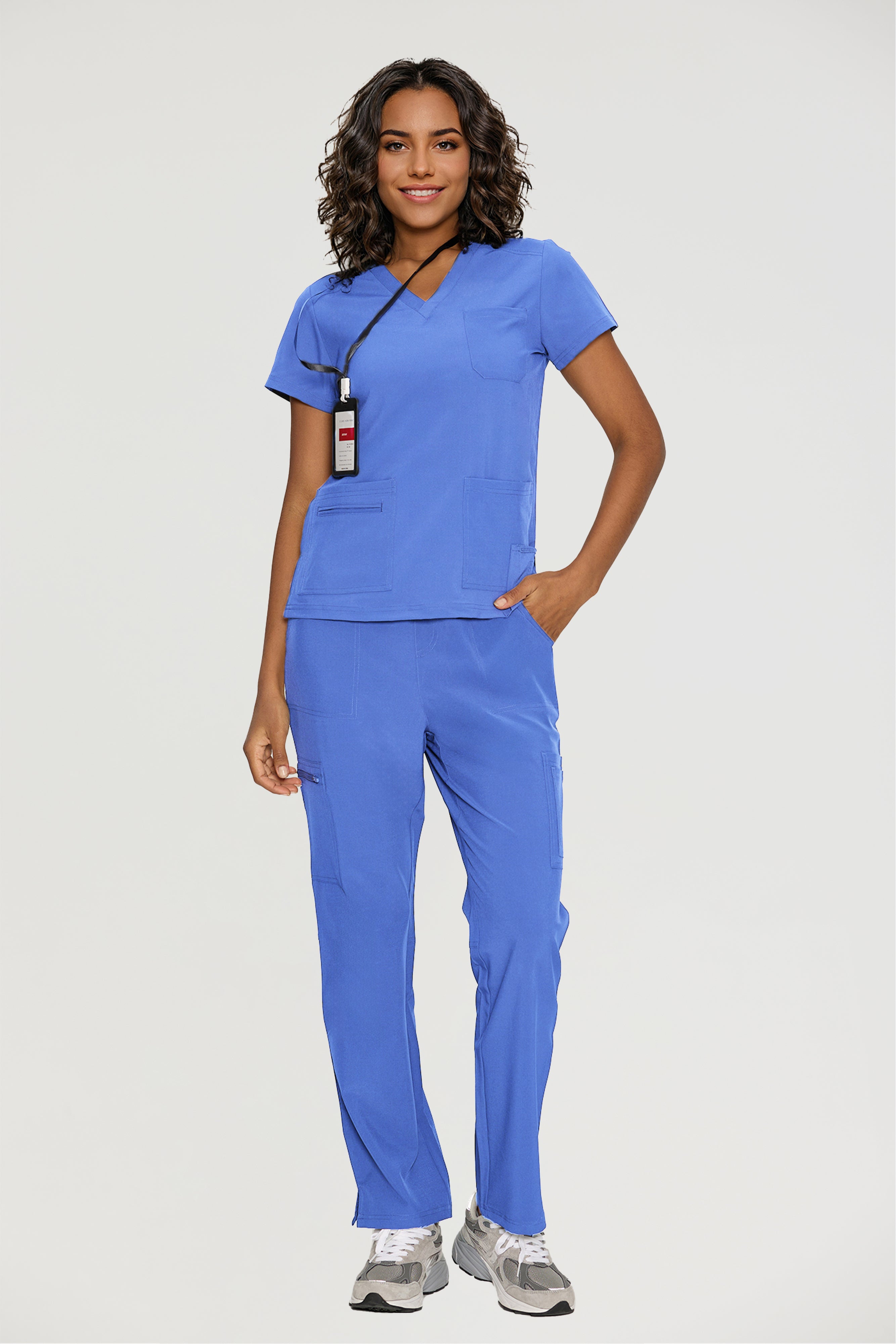 Scrubs for Women, V-Neck Scrubs Top & Cargo Pants with 12 Pockets, Yoga Waistband, 4 Way Stretch
