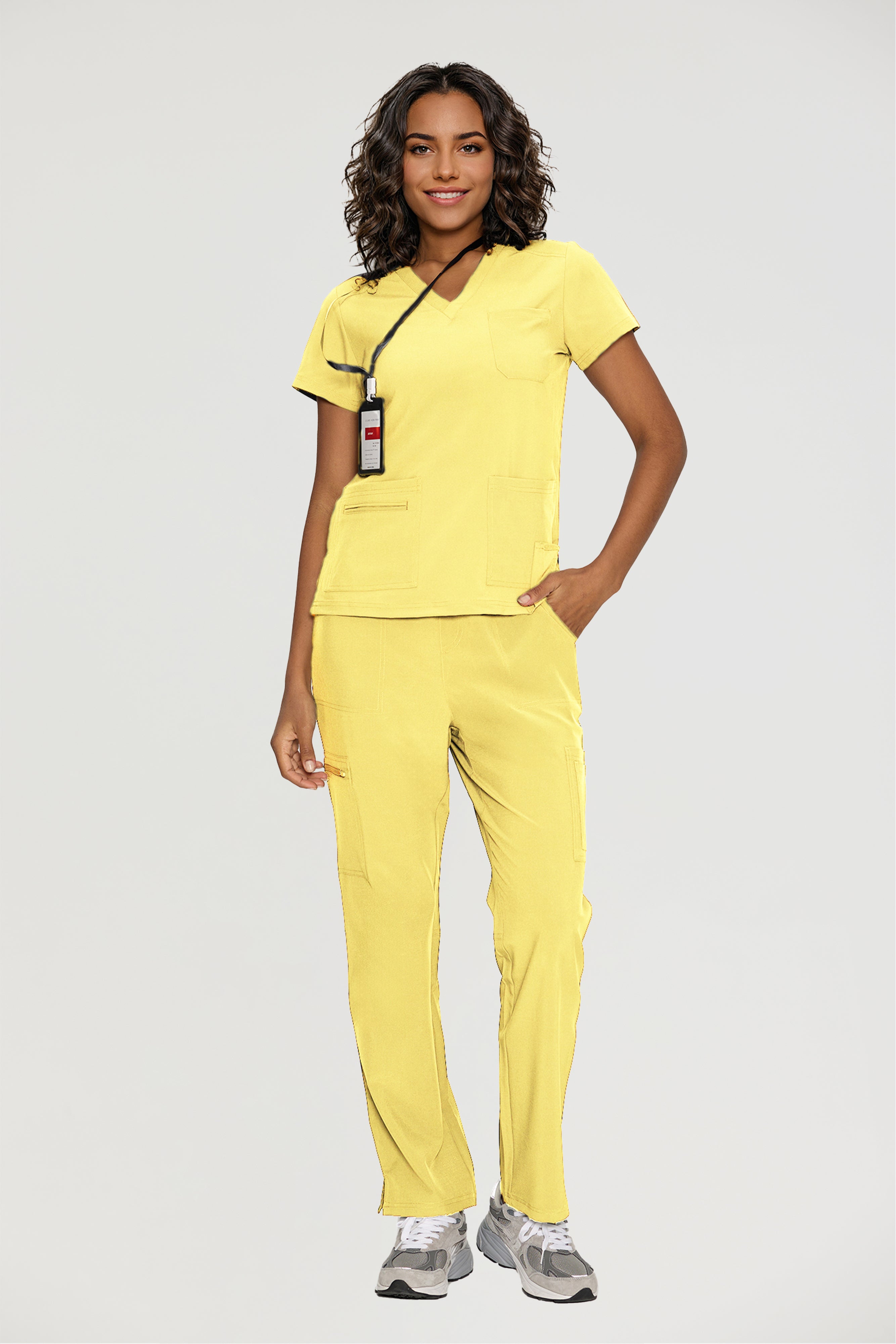 Scrubs for Women, V-Neck Scrubs Top & Cargo Pants with 12 Pockets, Yoga Waistband, 4 Way Stretch