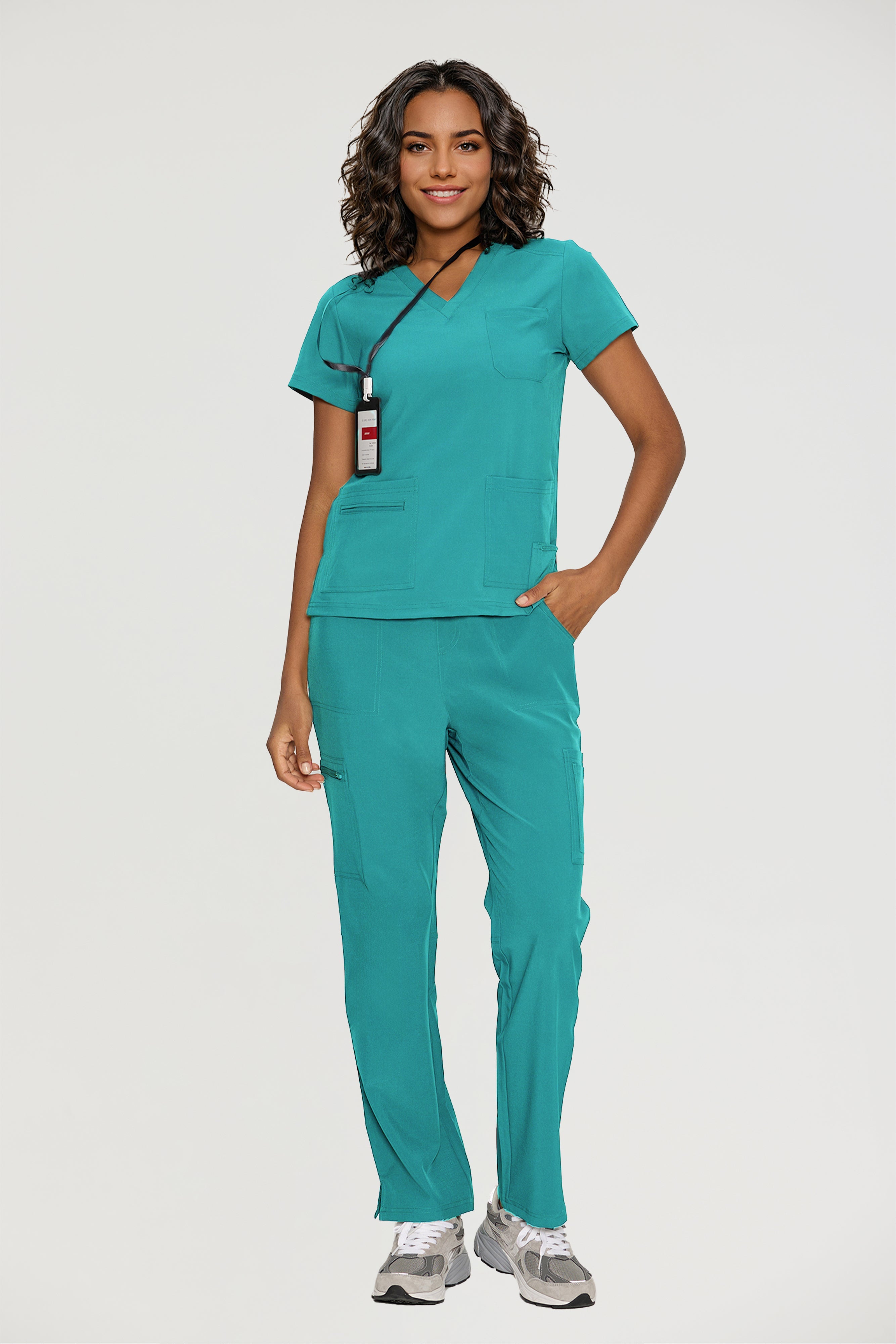 Scrubs for Women, V-Neck Scrubs Top & Cargo Pants with 12 Pockets, Yoga Waistband, 4 Way Stretch