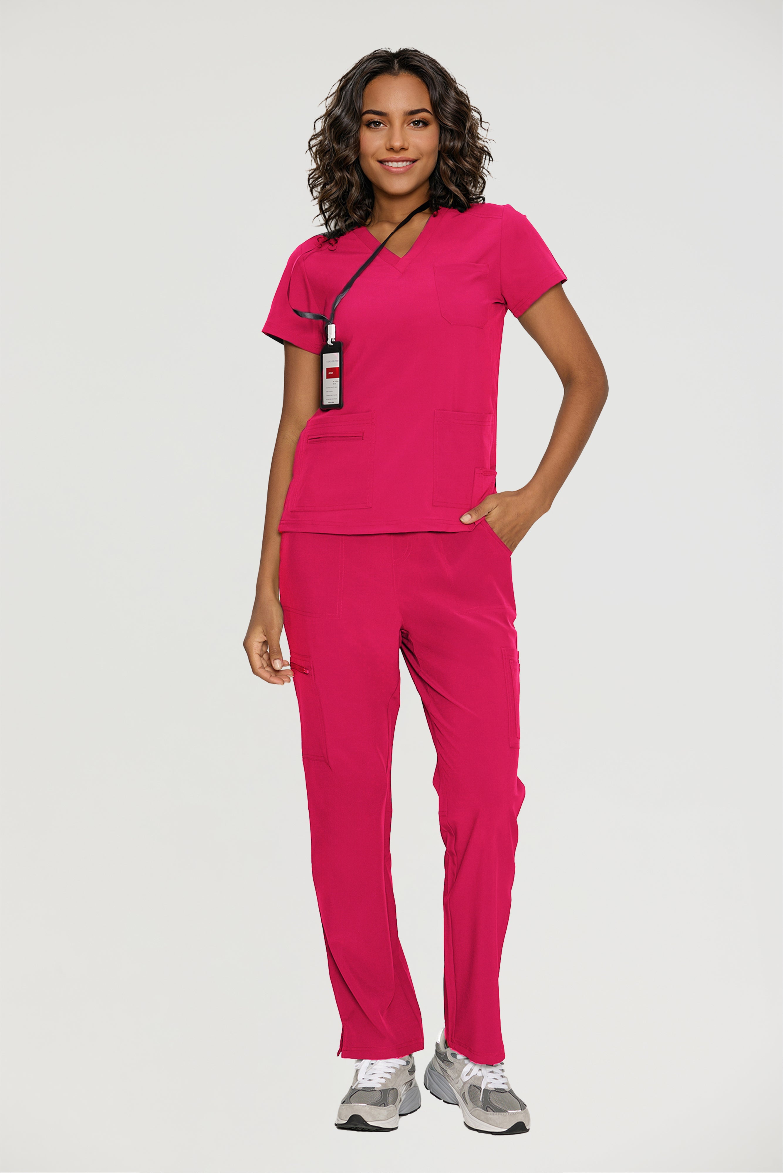 Scrubs for Women, V-Neck Scrubs Top & Cargo Pants with 12 Pockets, Yoga Waistband, 4 Way Stretch