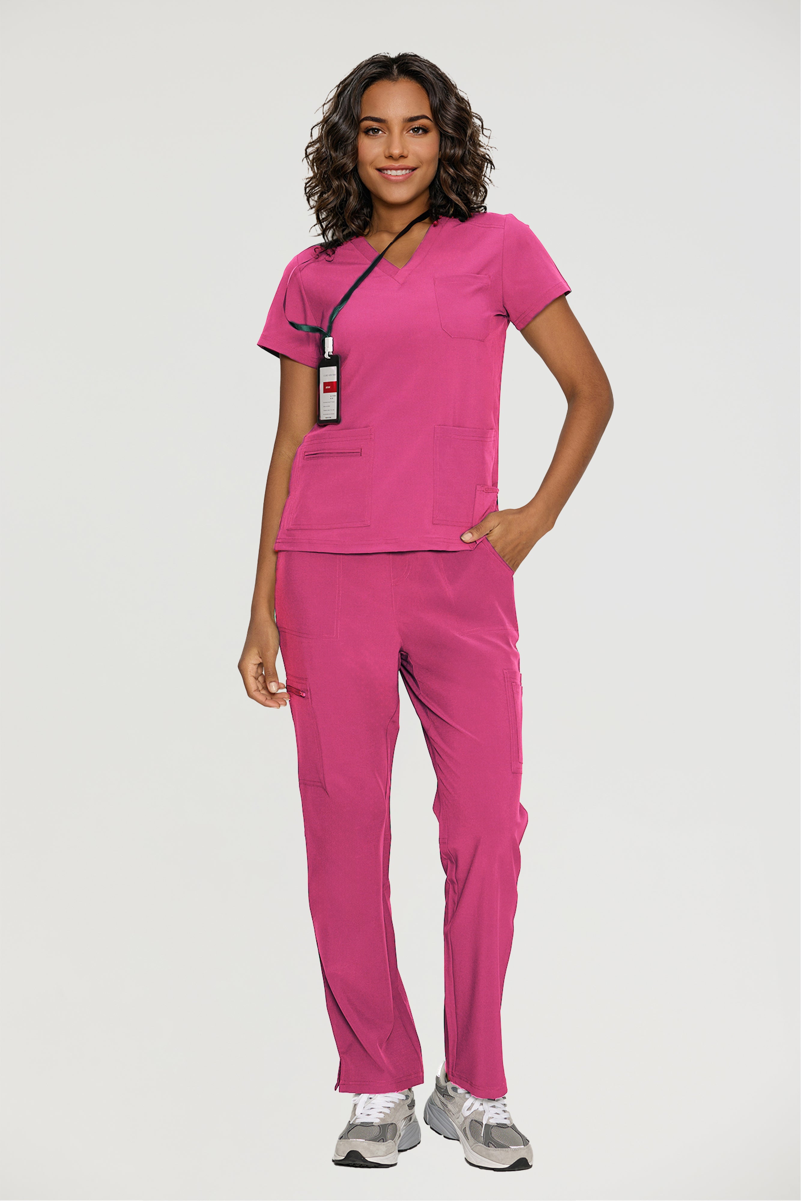 Scrubs for Women, V-Neck Scrubs Top & Cargo Pants with 12 Pockets, Yoga Waistband, 4 Way Stretch
