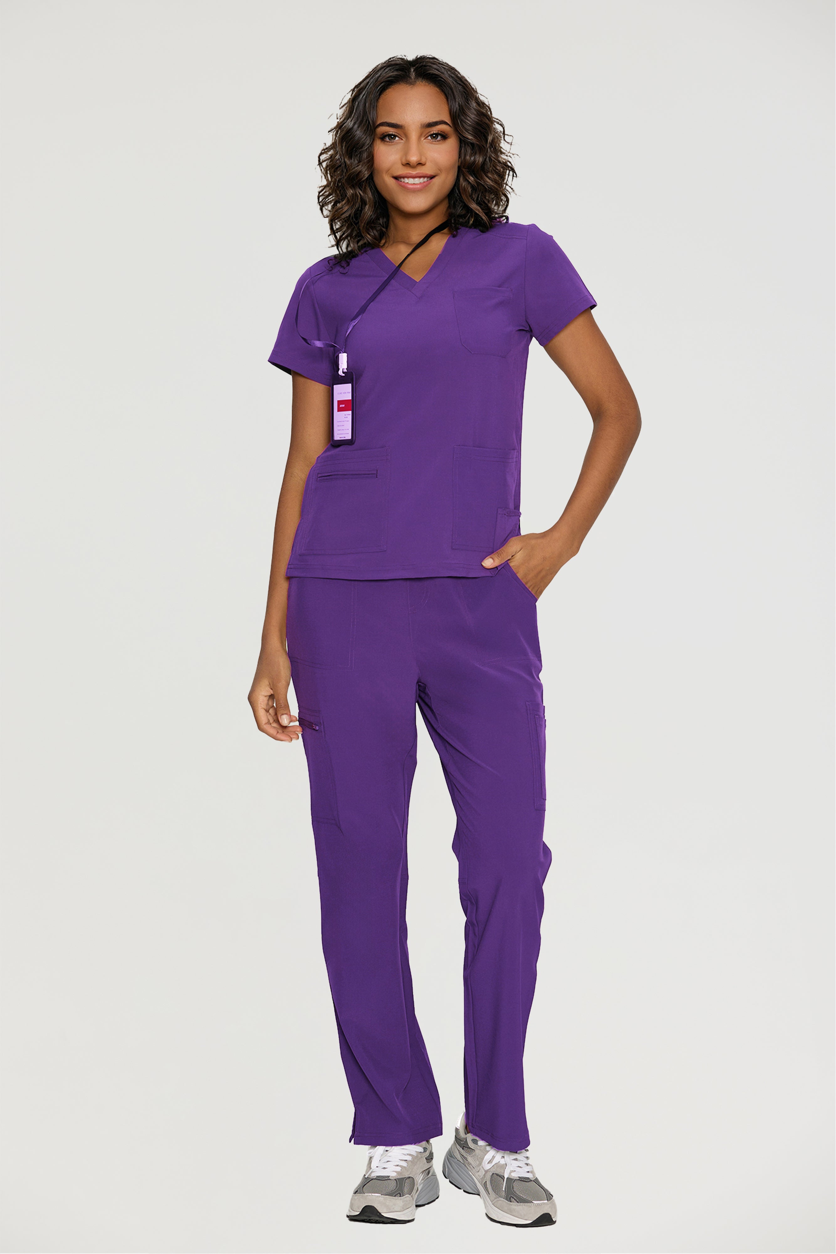 Scrubs for Women, V-Neck Scrubs Top & Cargo Pants with 12 Pockets, Yoga Waistband, 4 Way Stretch