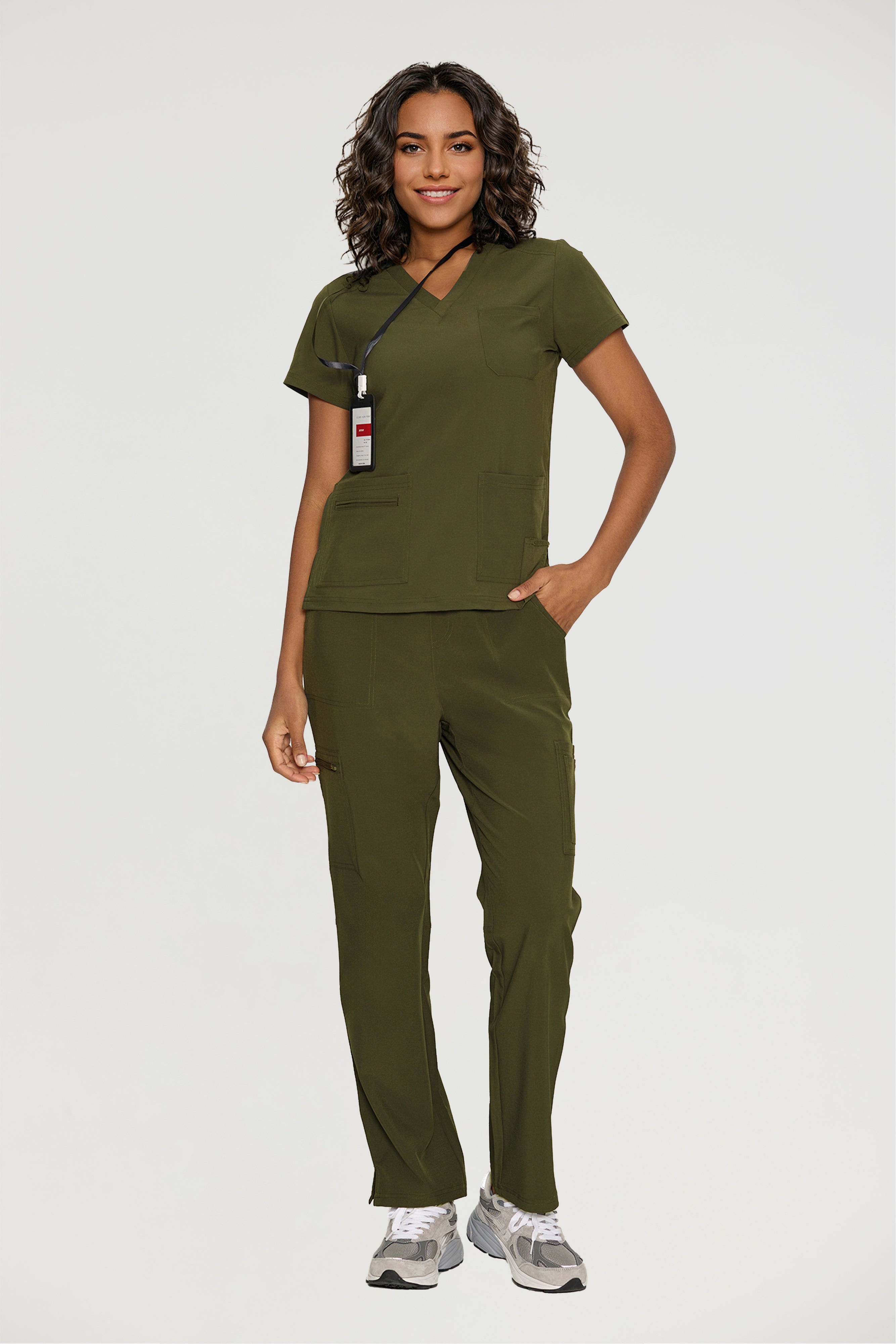 Scrubs for Women, V-Neck Scrubs Top & Cargo Pants with 12 Pockets, Yoga Waistband, 4 Way Stretch