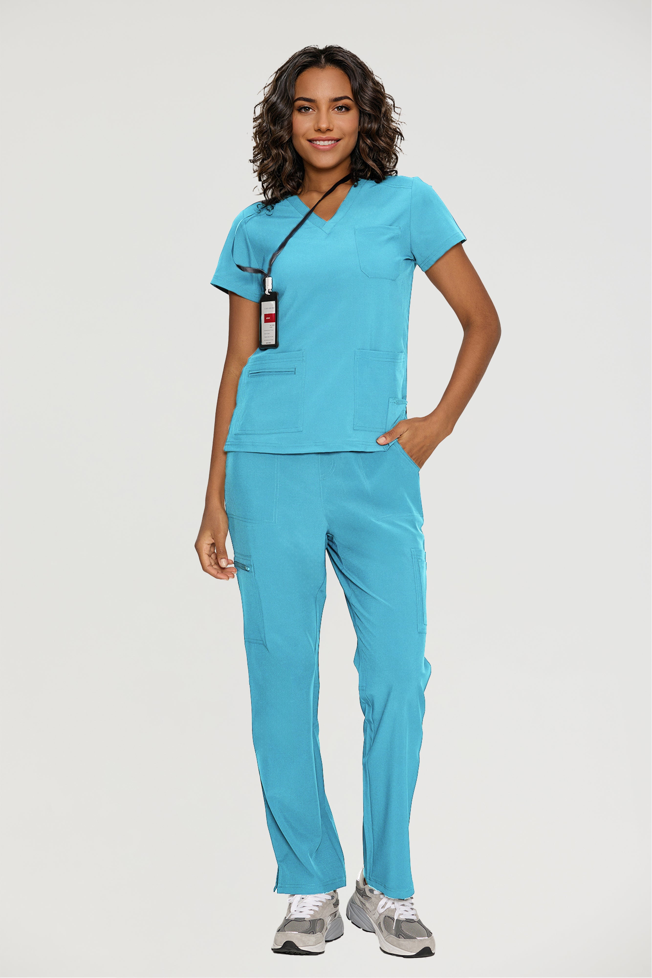 Scrubs for Women, V-Neck Scrubs Top & Cargo Pants with 12 Pockets, Yoga Waistband, 4 Way Stretch
