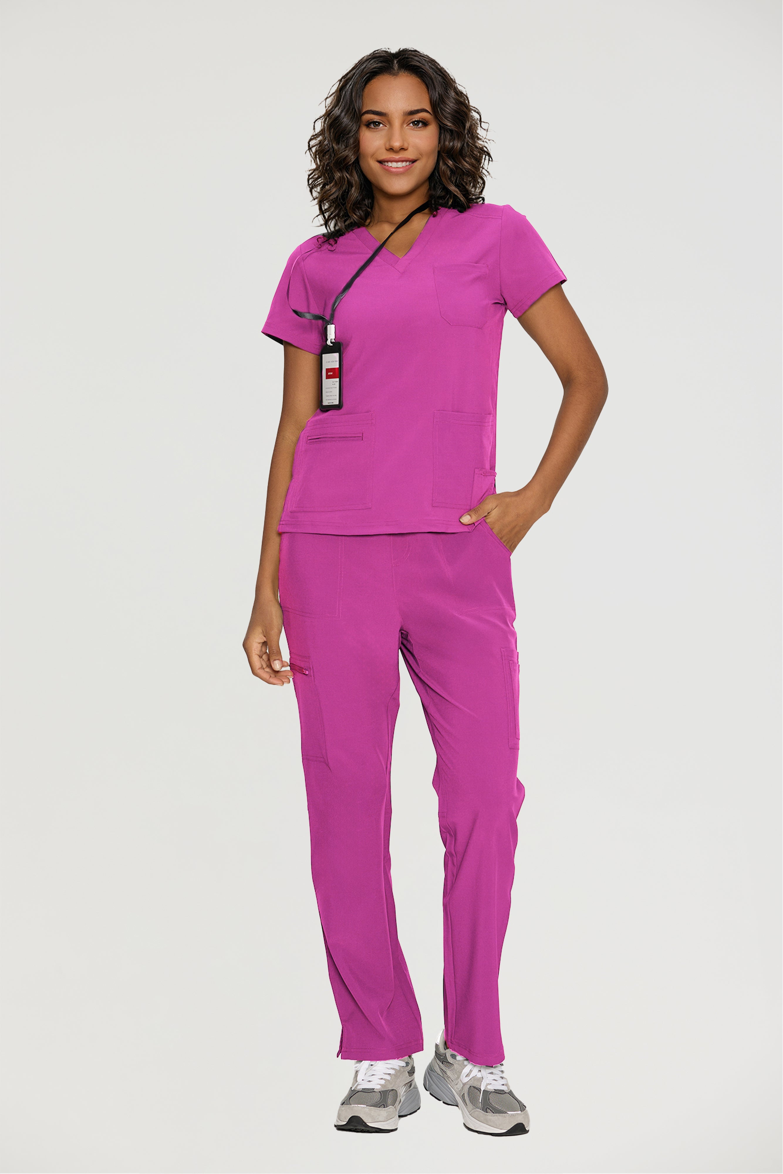 Scrubs for Women, V-Neck Scrubs Top & Cargo Pants with 12 Pockets, Yoga Waistband, 4 Way Stretch