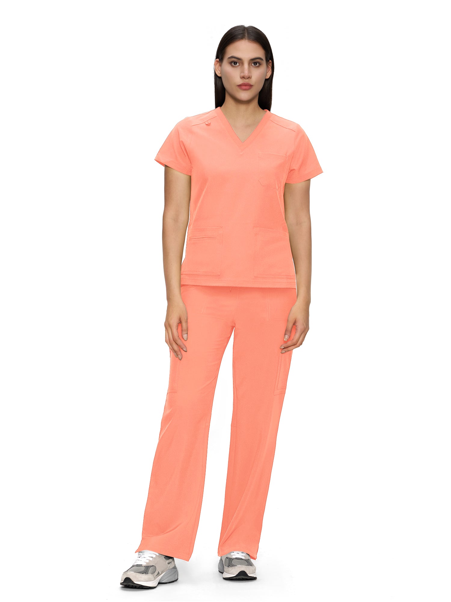 Scrubs for Women, V-Neck Scrubs Top & Cargo Pants with 12 Pockets, Yoga Waistband, 4 Way Stretch