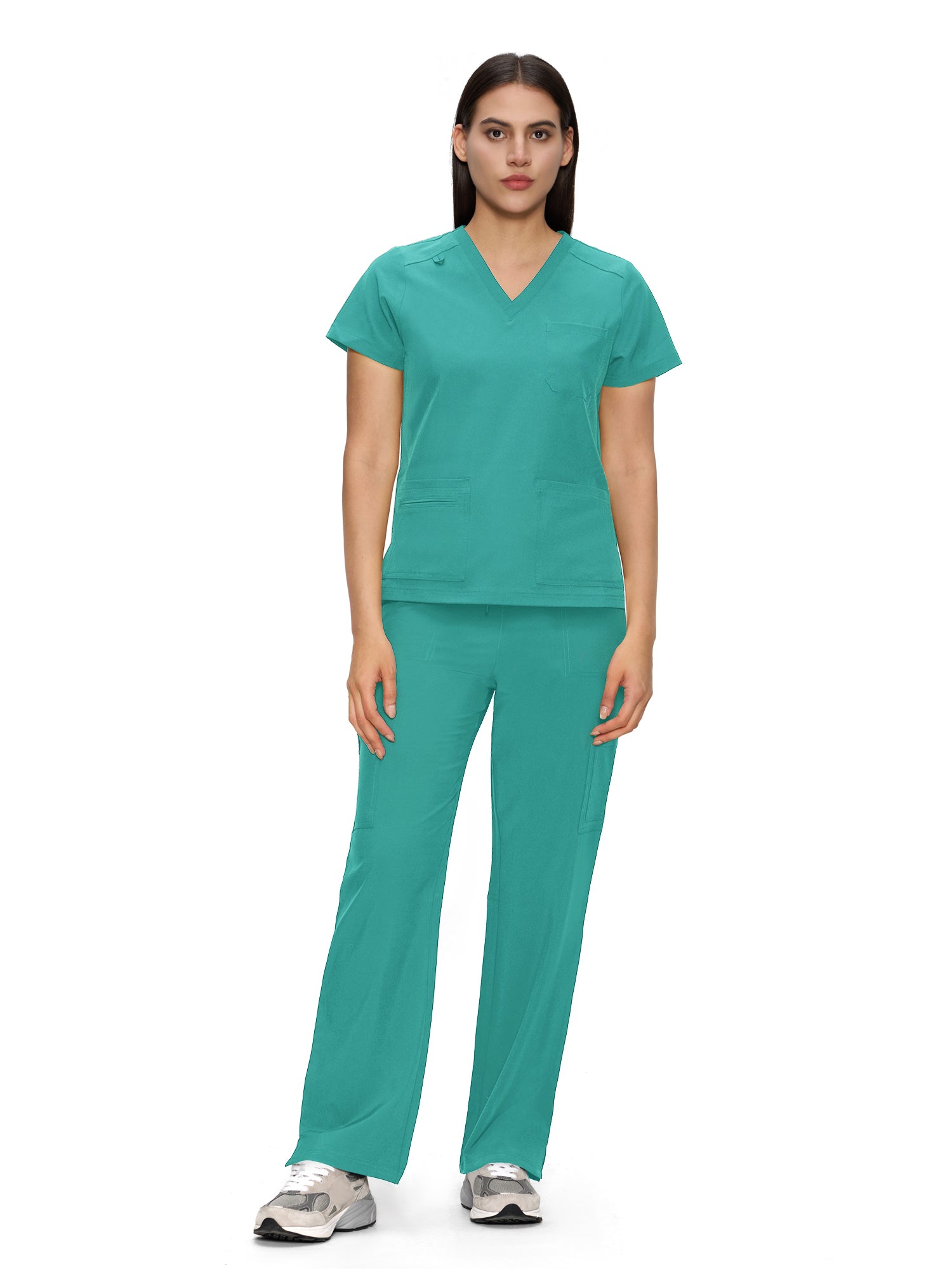 Scrubs for Women, V-Neck Scrubs Top & Cargo Pants with 12 Pockets, Yoga Waistband, 4 Way Stretch