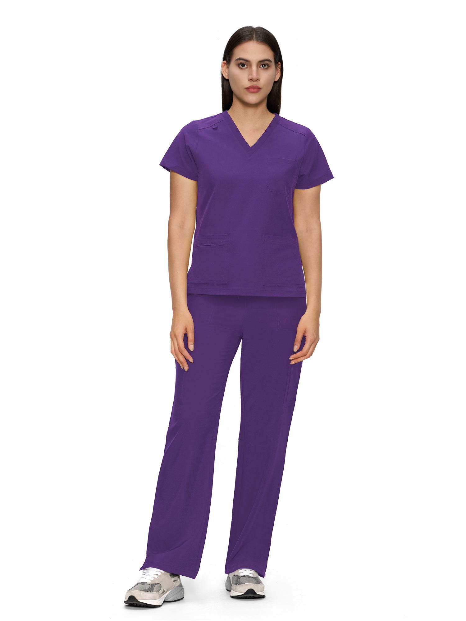 Scrubs for Women, V-Neck Scrubs Top & Cargo Pants with 12 Pockets, Yoga Waistband, 4 Way Stretch
