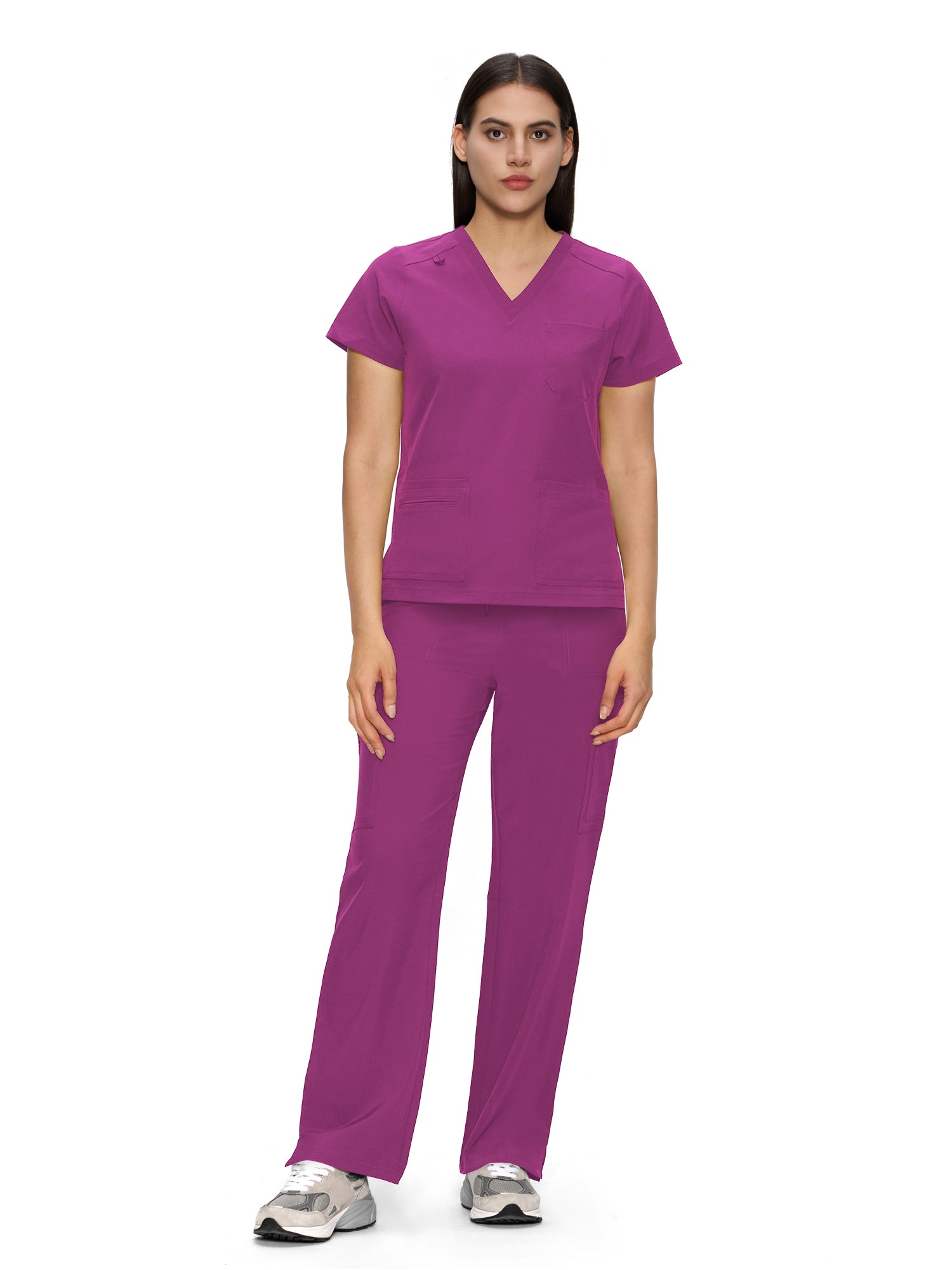 Scrubs for Women, V-Neck Scrubs Top & Cargo Pants with 12 Pockets, Yoga Waistband, 4 Way Stretch