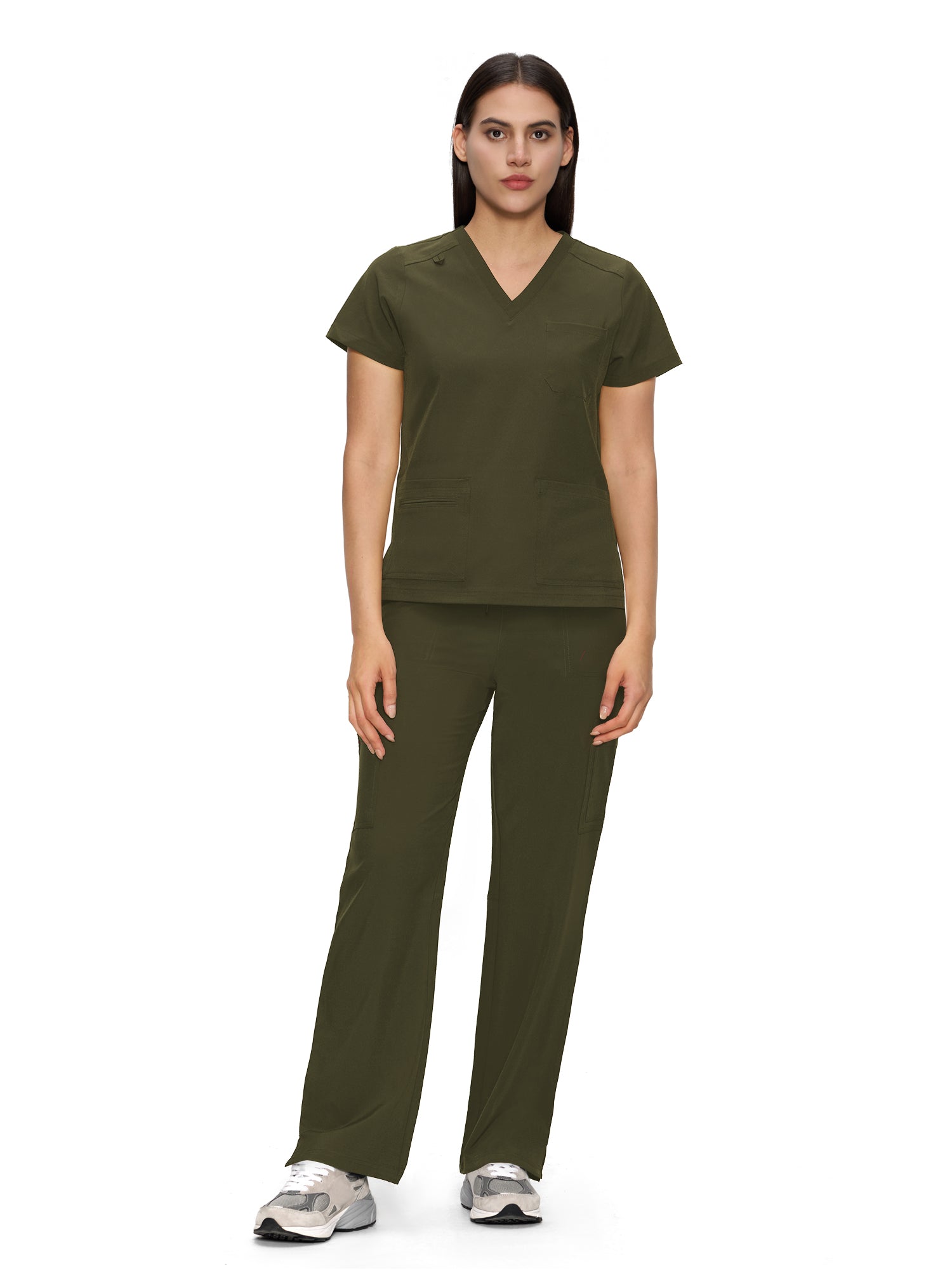 Scrubs for Women, V-Neck Scrubs Top & Cargo Pants with 12 Pockets, Yoga Waistband, 4 Way Stretch