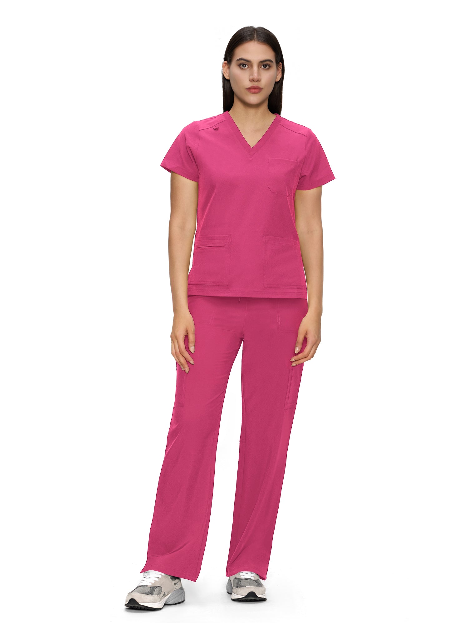 Scrubs for Women, V-Neck Scrubs Top & Cargo Pants with 12 Pockets, Yoga Waistband, 4 Way Stretch